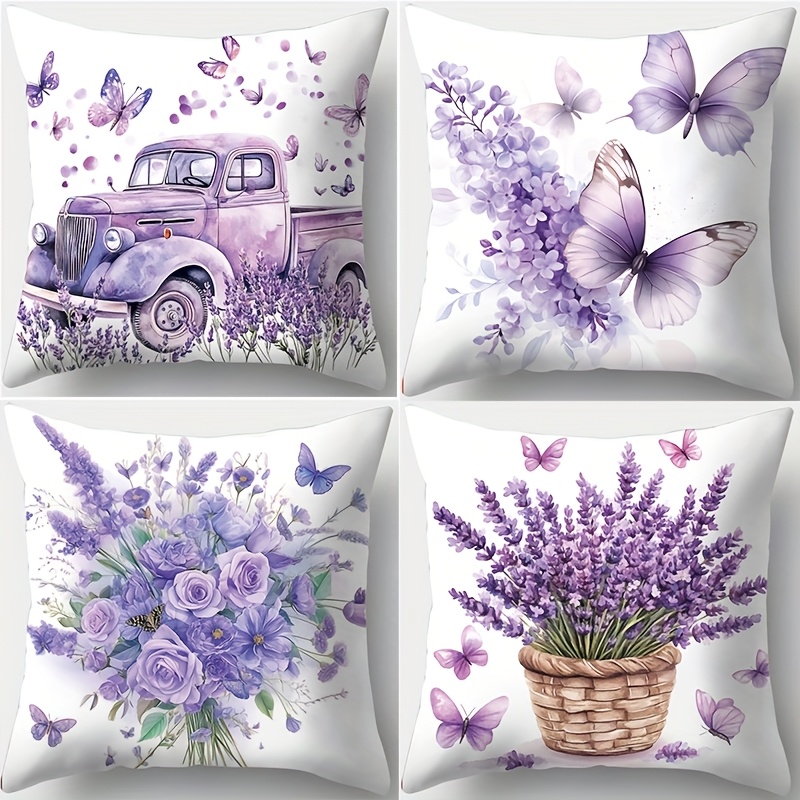 4pcs spring floral vintage car print pillow covers 17 7x17 7 inch soft lavender decorative pillowcases double sided contemporary design with zipper closure machine washable for bedroom living room sofa decor vintage pillow covers bedroom accessories   pattern   fabric Product details 0