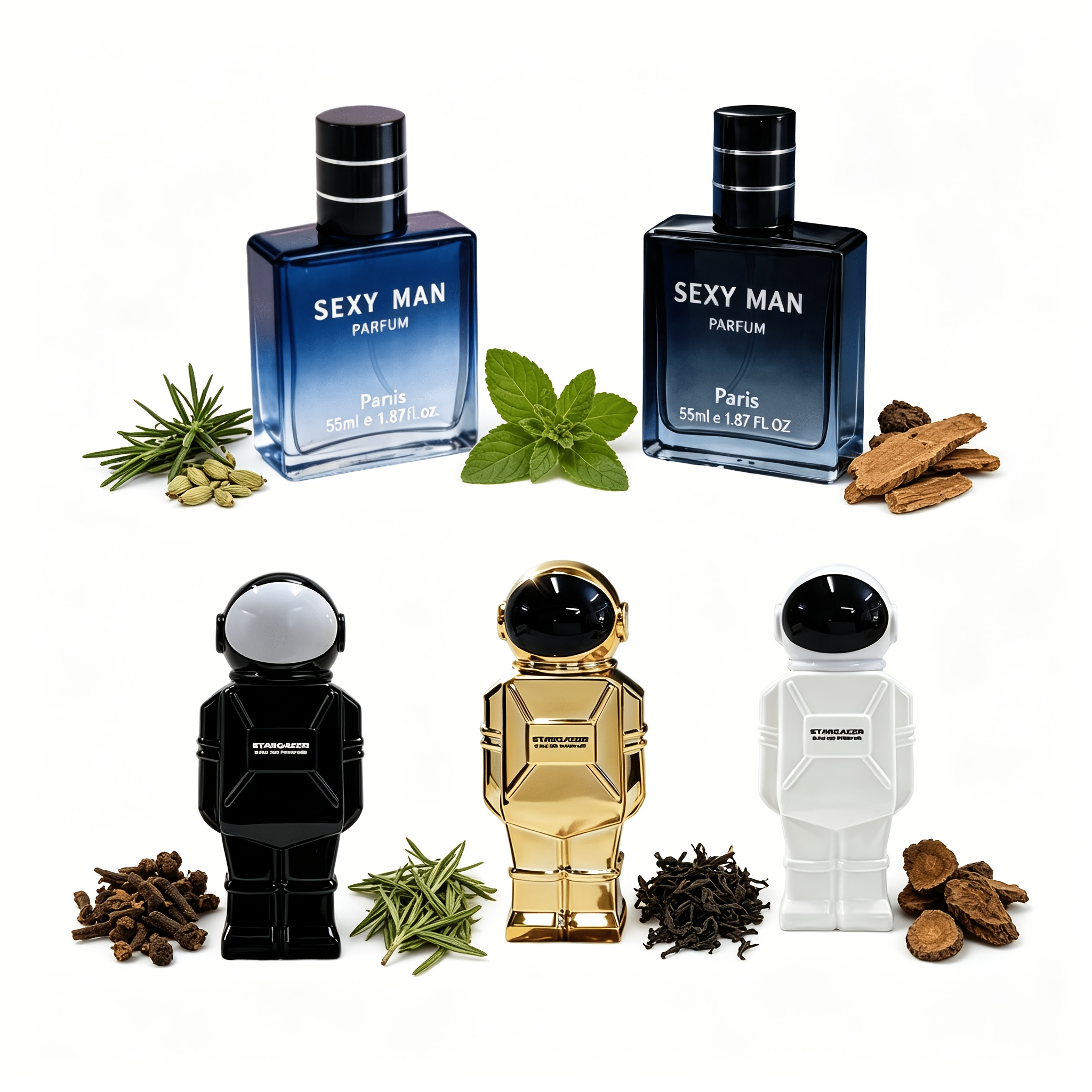 5/4pcs Men & Unisex Perfume Set | Astronaut Golden/ Scent (30ml) + Sexy Man Blue Aquatic/black Perfume (55ml) | Long Lasting | Ideal Gift For Valentine's Day, Father's Day & Daily Use