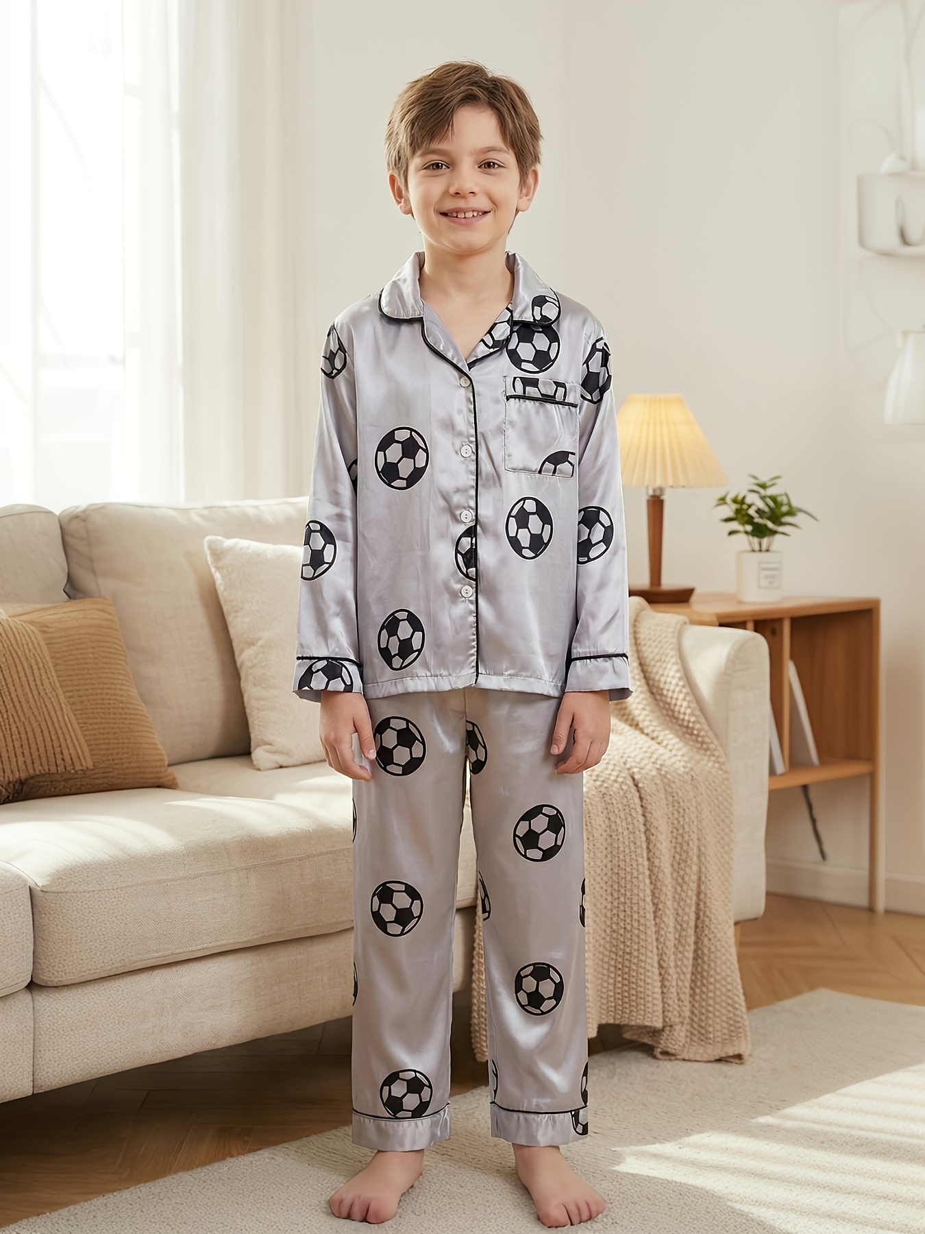 flame retardant fabric boys new style collar with piping solid color football print long sleeve long pants pajama set