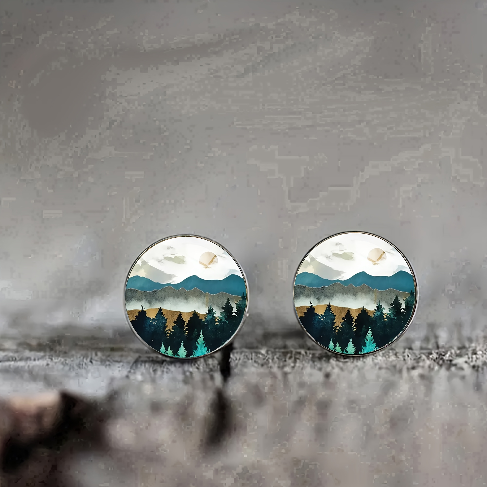 1 Pair Of 4 Styles Of Landscape Steel Ear Studs, Vintage Artistic Style Earrings For Men And Women, Suitable For , Gatherings, And As Anniversary Gifts