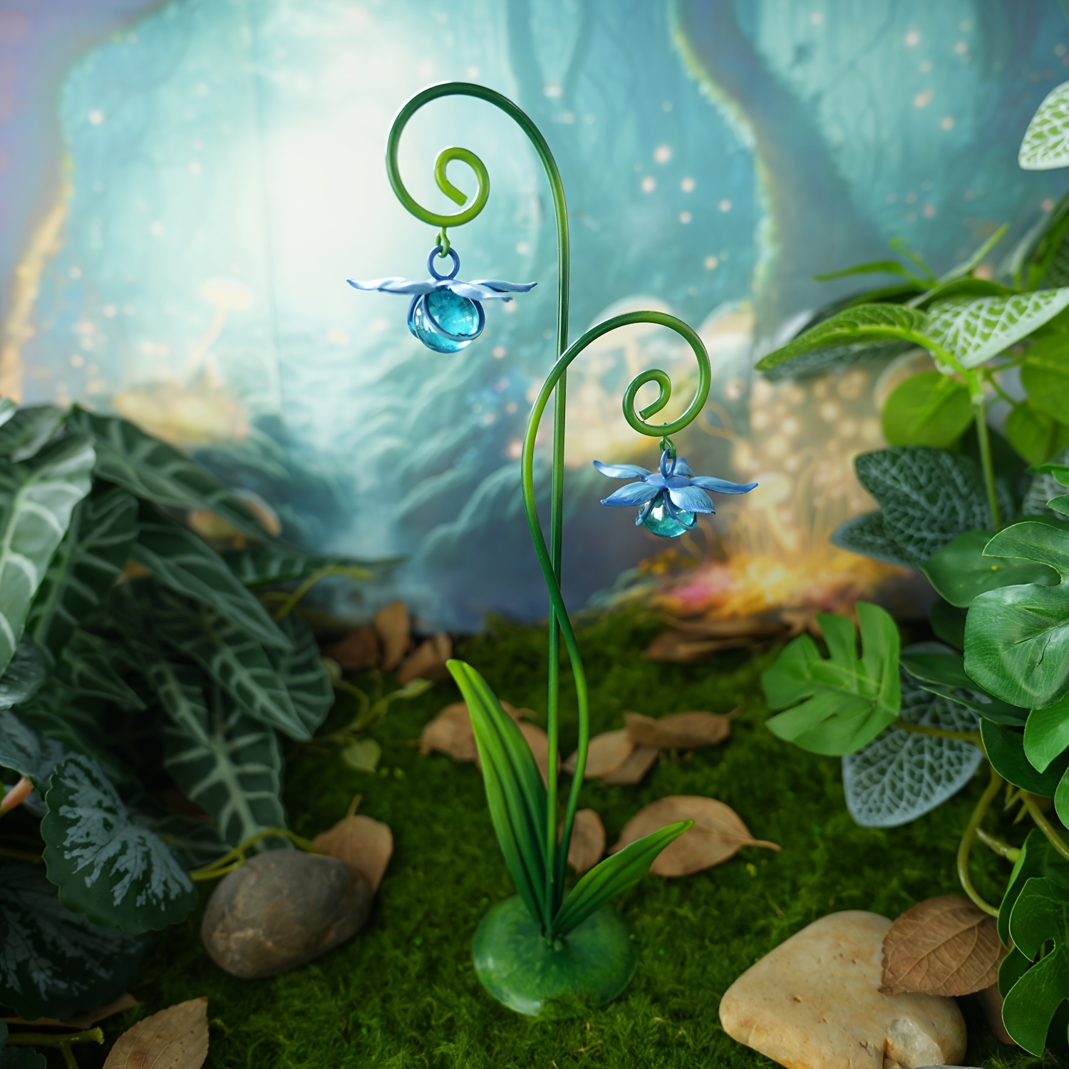 Image of A Miniature In A Metal Tale Style, Featuring Handcrafted Outdoor Micro Landscape Decorations Such As Birdhouses, Trees, , Arch , Benches, Gates, Fences, Flowers, Boats, Umbrellas, And Bird Baths