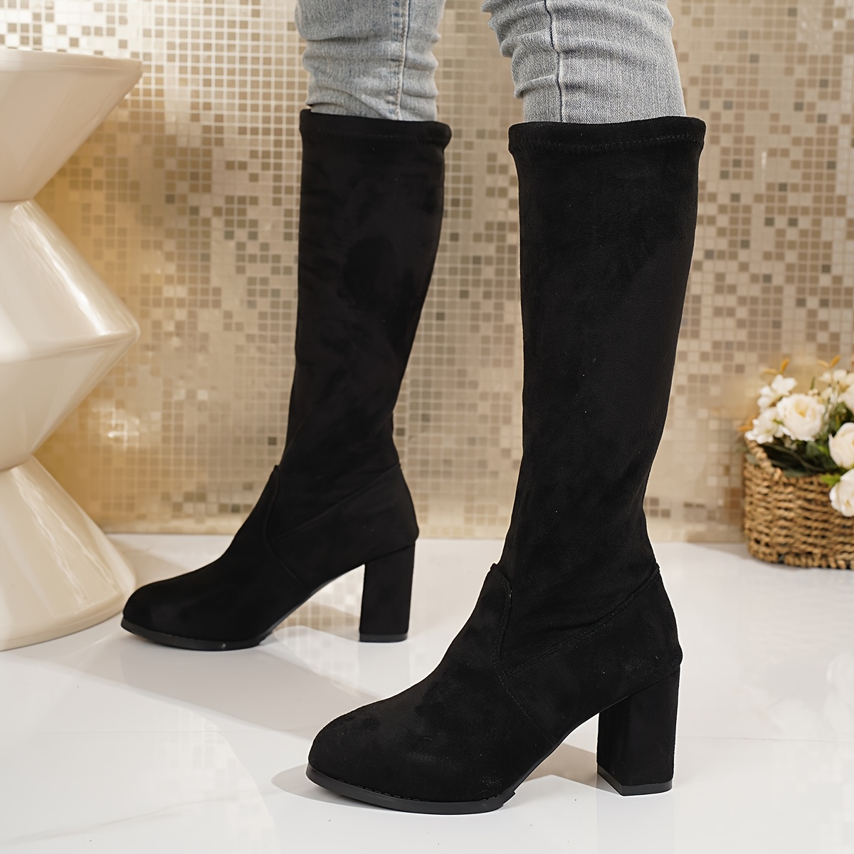 overknee stiefel damen schwarze stoff high heels Temu Germany