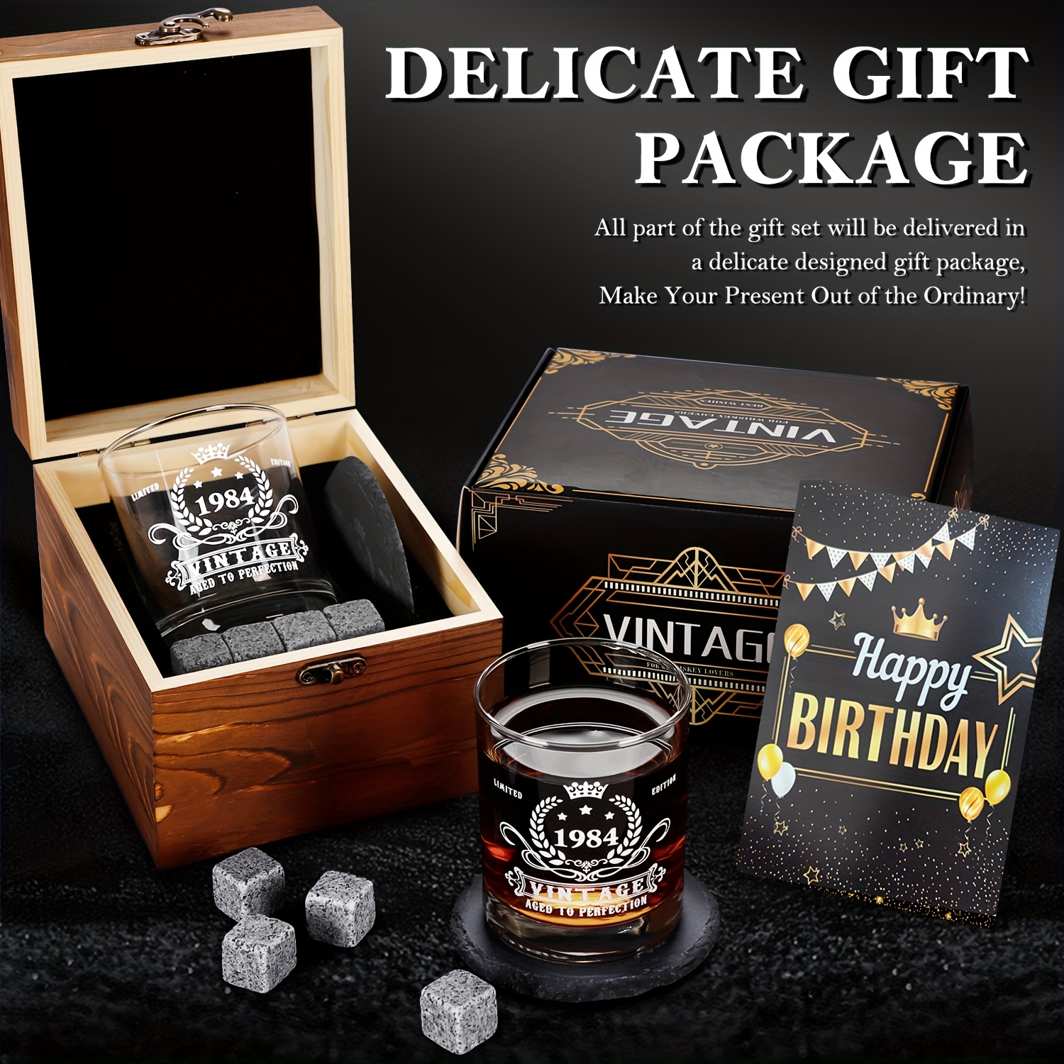 *'S Birthday Gift, 40th 41th Retro Whiskey Glass Set, Whiskey Glasses  1984, 1985 Poster Anniversary Cards&Wooden Box&Whiskey Stone&Coaster, Unique