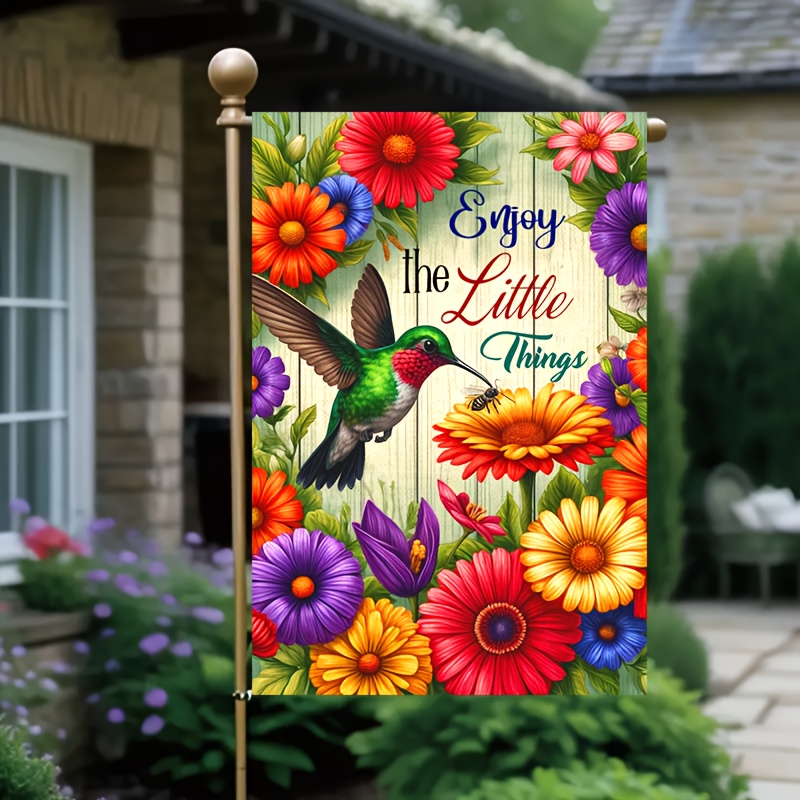 

1pc Polyester Double-sided Garden Flag With Hummingbird Design - Enjoy Little Things Vertical Floral Sign, Multipurpose, Wind And Rain Resistant, Washable, Ideal For Outdoor Decor, 18x12 Inches