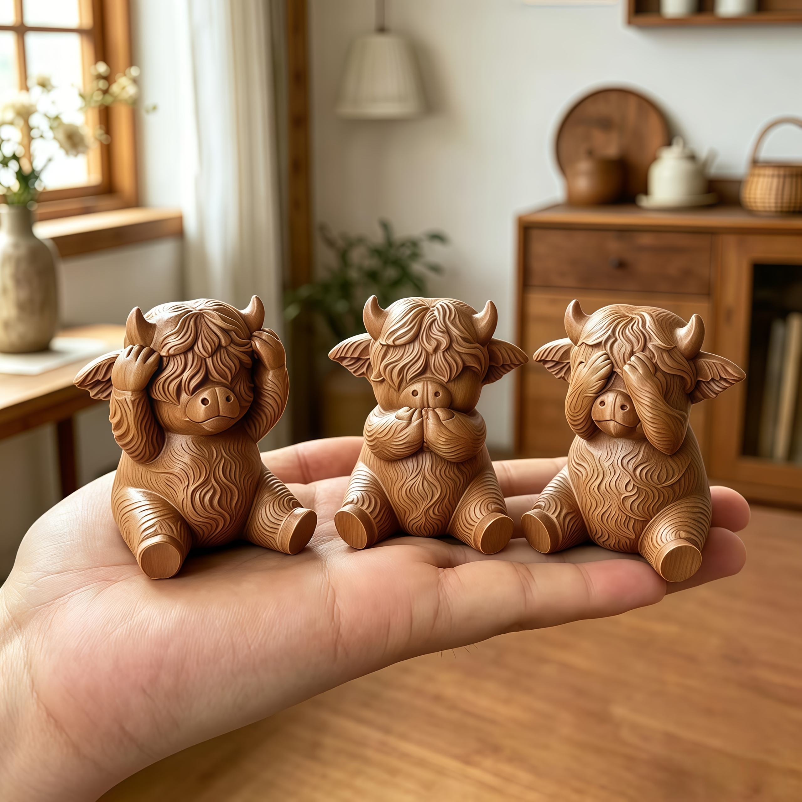 TEMU 3pcs "see No Evil/ear No Evil/speak No Evil" Highland Cow Statues - Plastic Mini Figurines Suitable For Home Desk Decor, Office Shelf,, Themed
