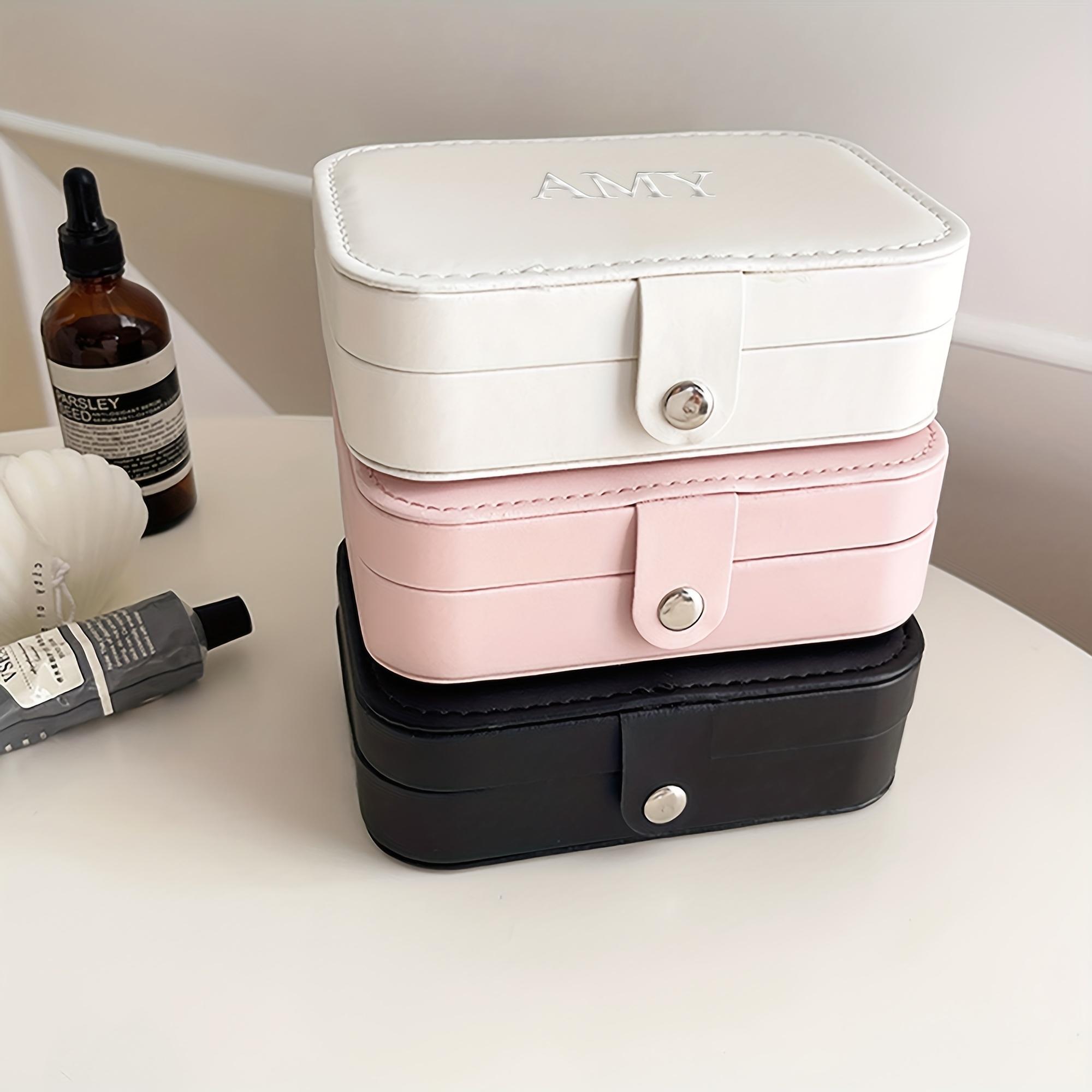 Custom-Made Silvery Engraved Faux Leather Portable Storage Box