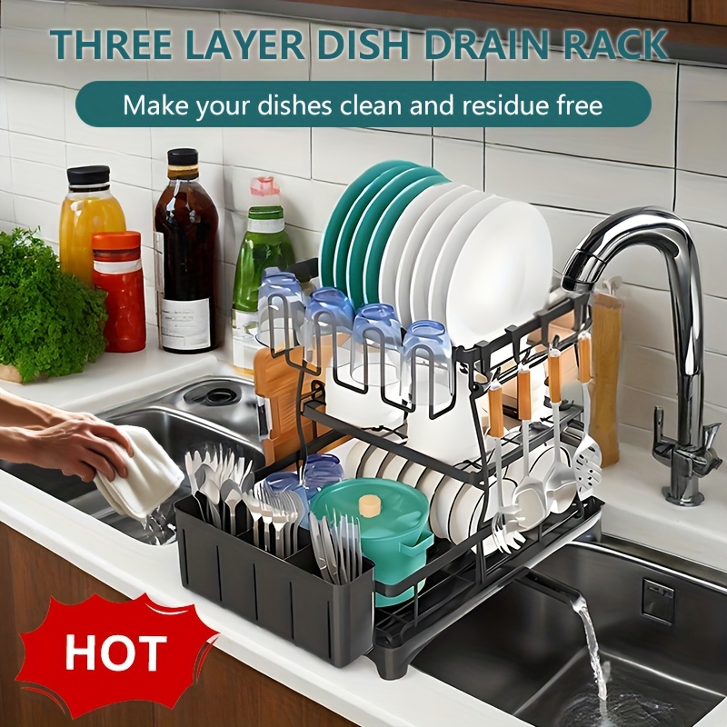 heavy duty stainless steel dish drying rack space saving two tier countertop organizer with 360 drainage system plate bowl cup utensil holders compact sink rack for modern kitchen easy to clean dish drying rack for kitchen counter clean dish storage   water drainage   cleaning system Product details 0