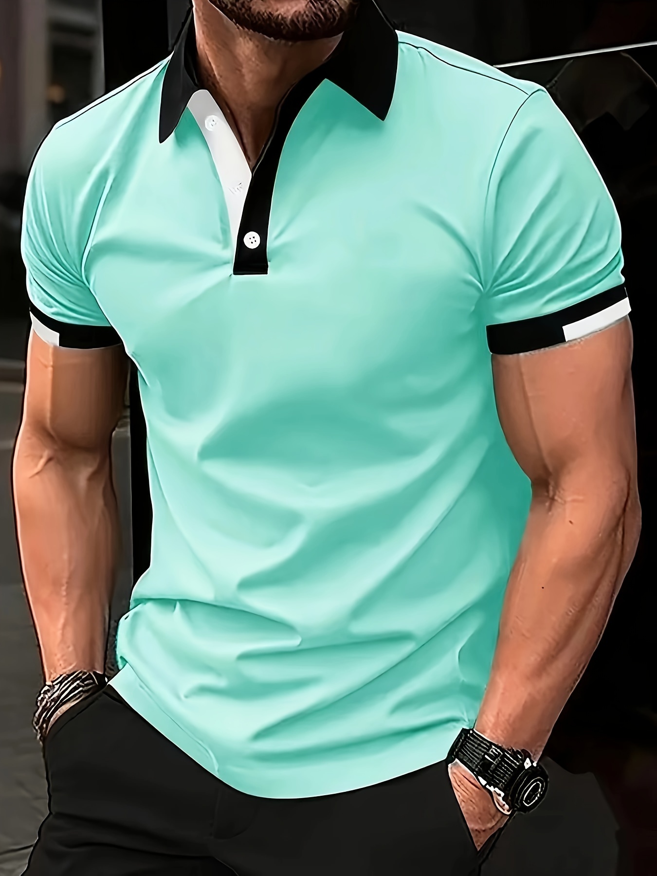 Men's Summer Fashion Shirt - Casual Short Sleeve, Jade Green with Contrast Trim, Breathable Polyester, Machine Washable, PLUS SIZE