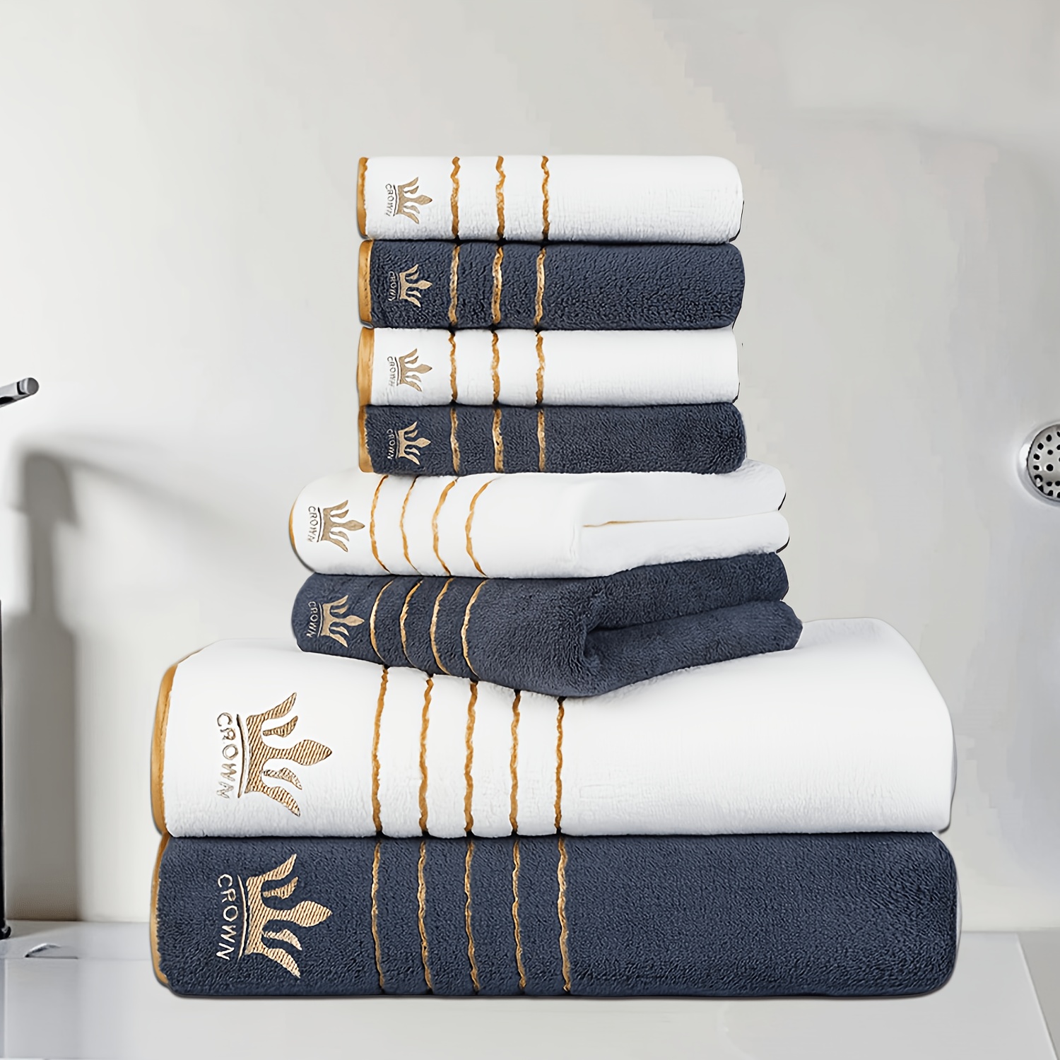 TEMU 8pcs Towel Set With Crown Embroidery, 2 Bath Towels (70 X 140cm), 2 Hand Towels (42 X 70cm), 4 Washcloths (34 X 34cm), Quick-drying, Absorbent,