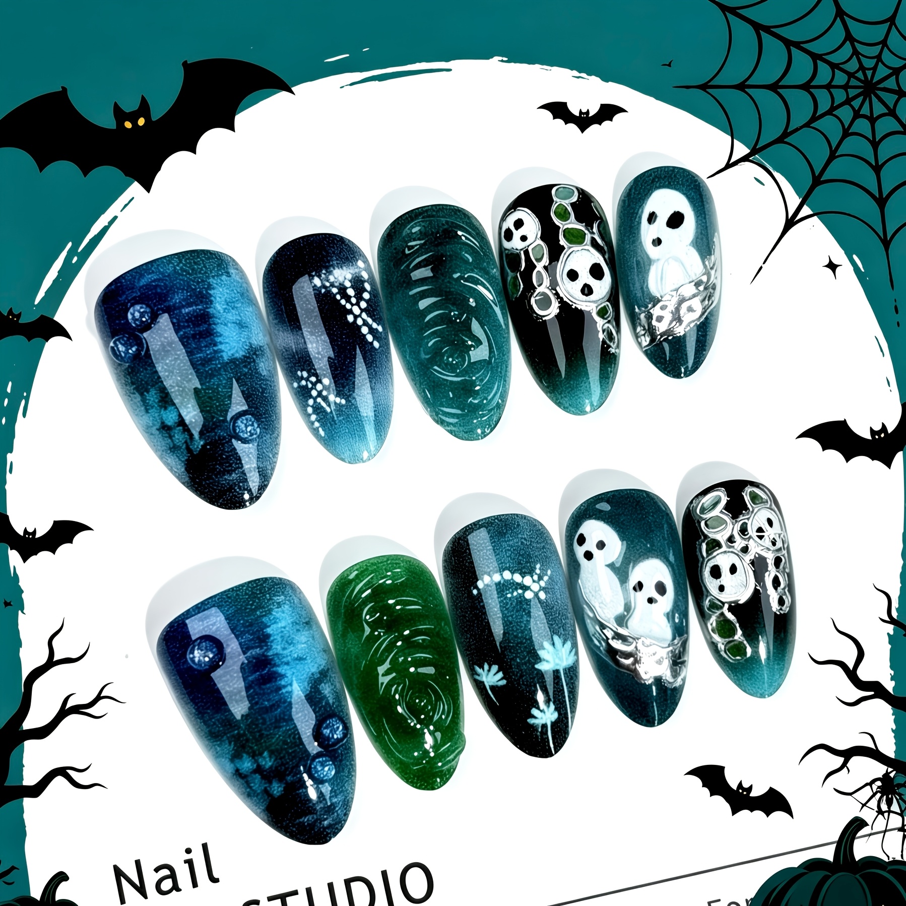 TEMU 10pcs Medium Long Almond Press On Nails Forest Ombre Blue Green White Tree Spirit Rose For Lotus & Rhinestones Reusable Fake Nails Set Nail Tips