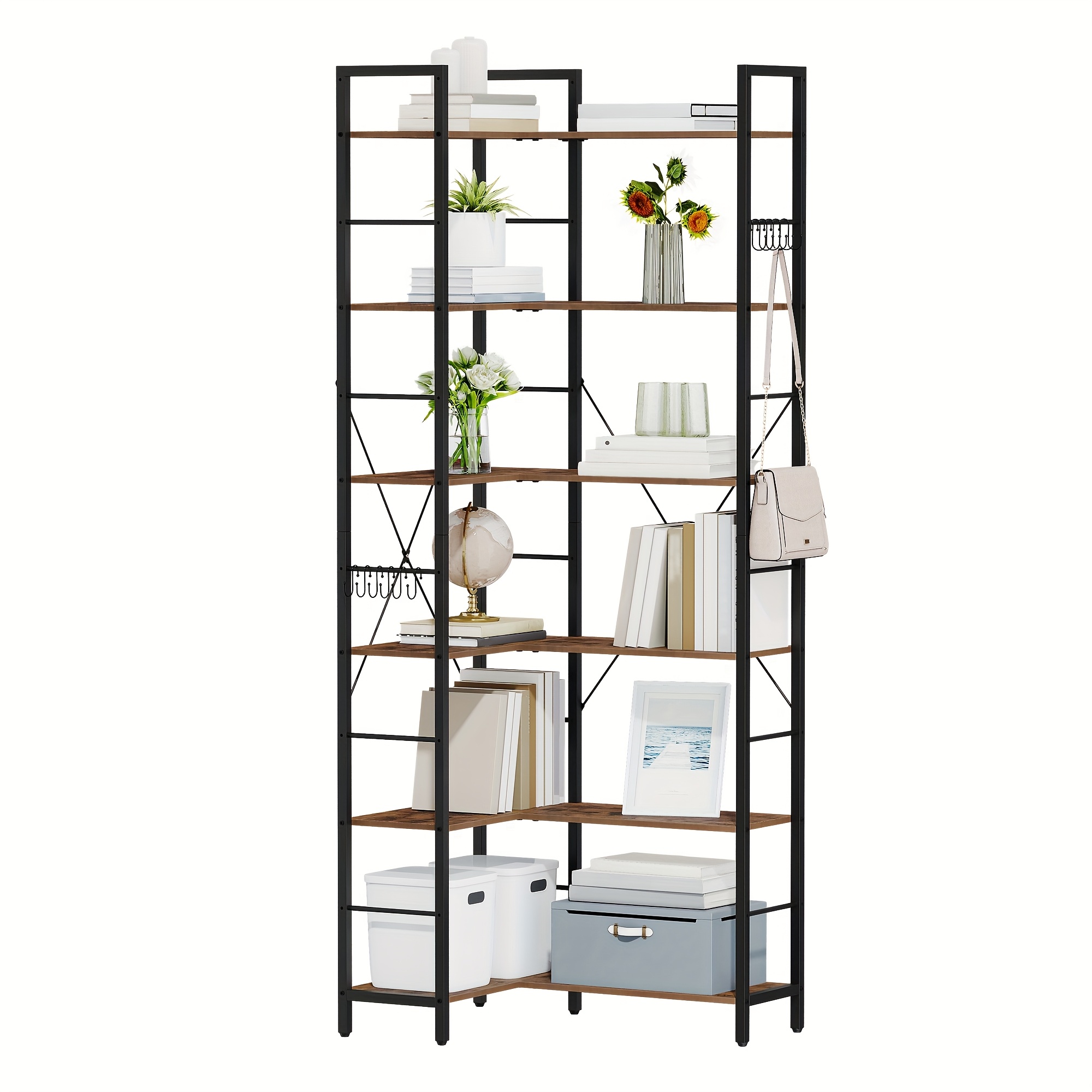 Image of Bookshelves, Corner Bookcase, Industrial Bookshelves, Freestanding Storage Shelf For Bedroom, Living Room, Study, 6-tier Rustic Brown
