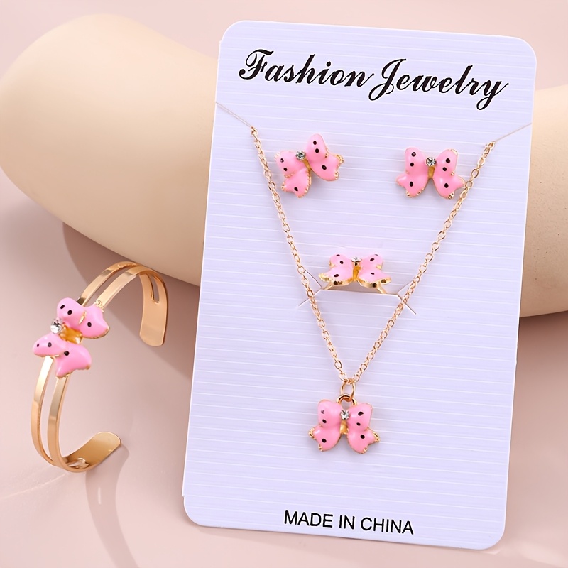 TEMU 5pcs New Year Polka Dot Bow Necklace Bracelet Ring Stud Earrings Set Girls Jewelry
