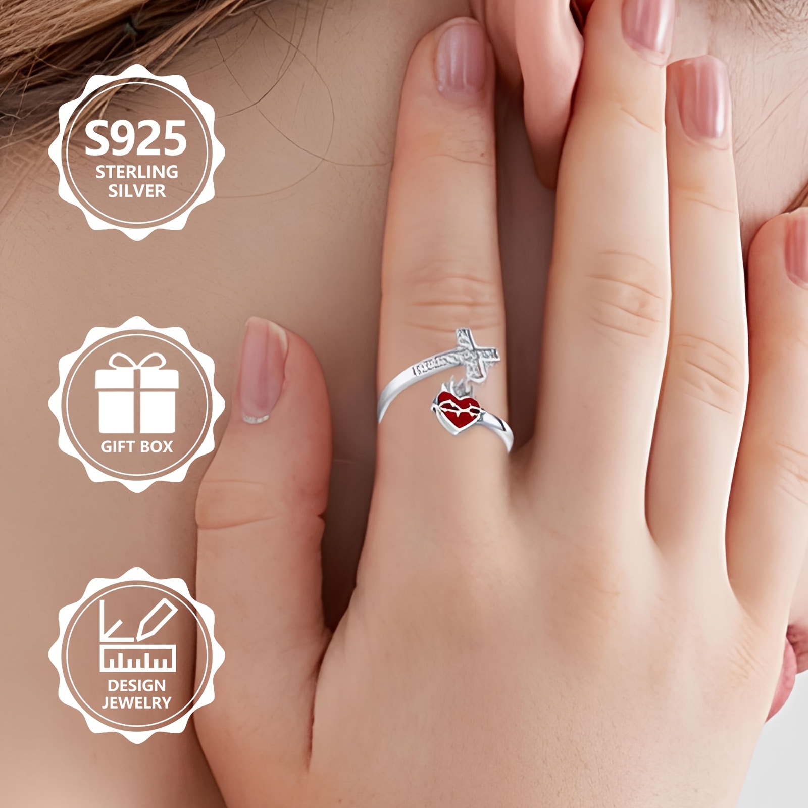 925 Silver Women's Sacred Heart Open Ring