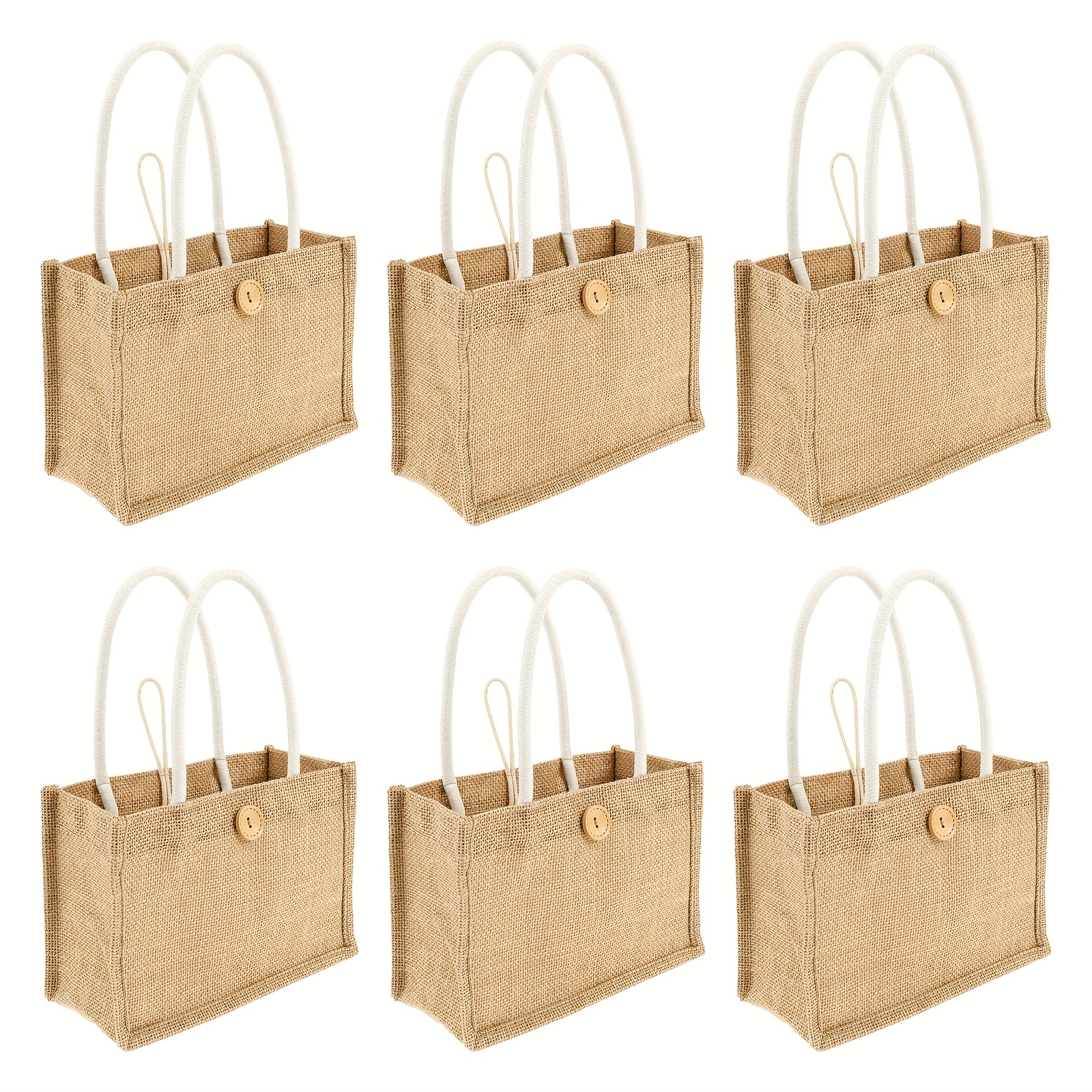 6pcs Burlap Tote Bag With Handles And Button, Mini Button Reusable Grocery Bags Bulk Blank Bridesmaid Gift Tote For Wedding Beach Diy