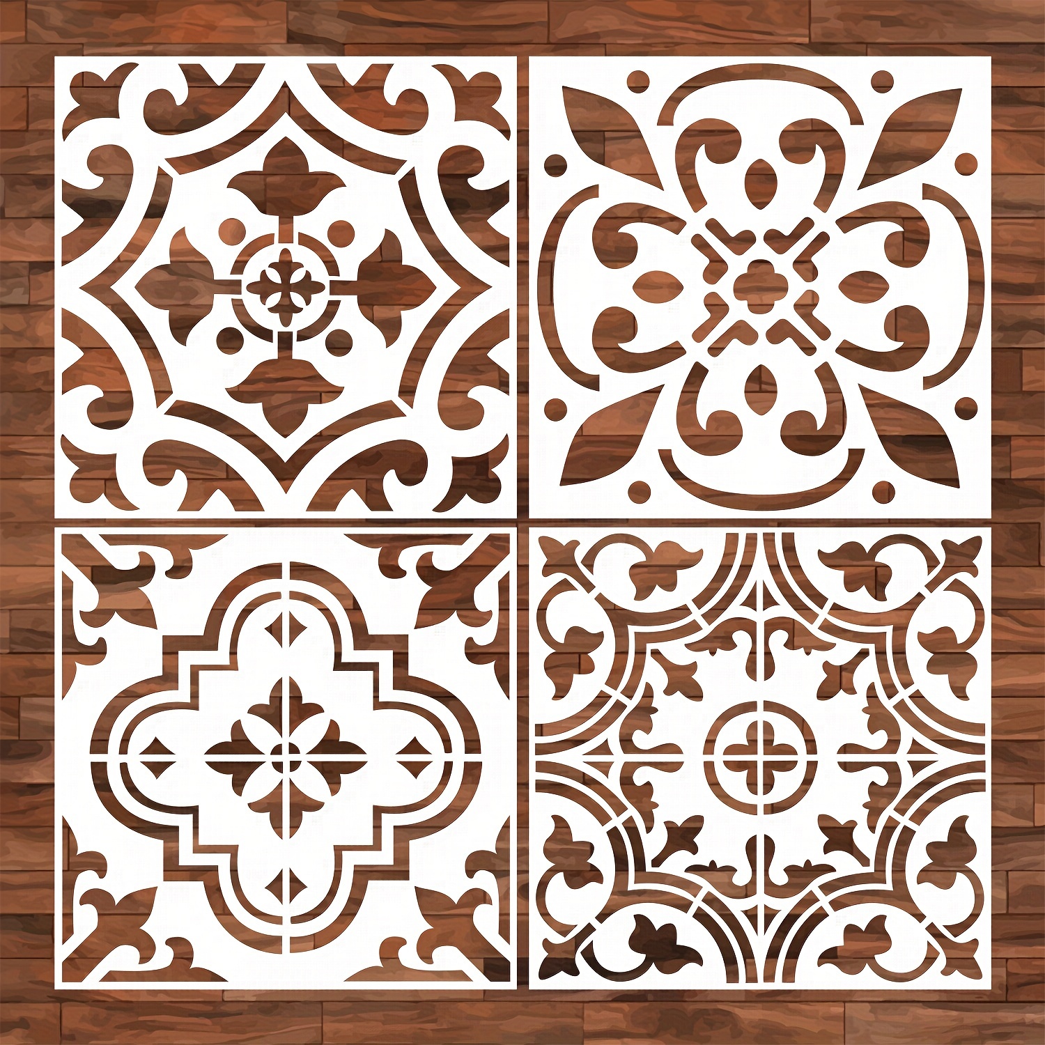 

4-pack Floral Pattern Floor Stencils, 12x12 Inches - Diy Wall & Tile Design Templates For Home Decor And Scrapbooking, Durable Plastic Construction