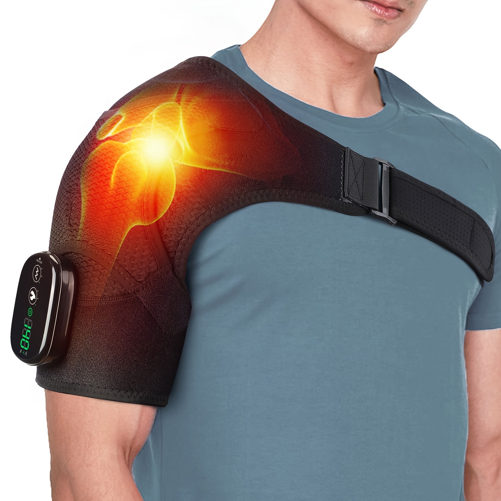 TEMU Heated Shoulder Massager, Electric Heating Pad With Massage For Men And Women, Portable Rechargeable Battery, Shoulder Strap, Adjustable Heat Vibration Settings