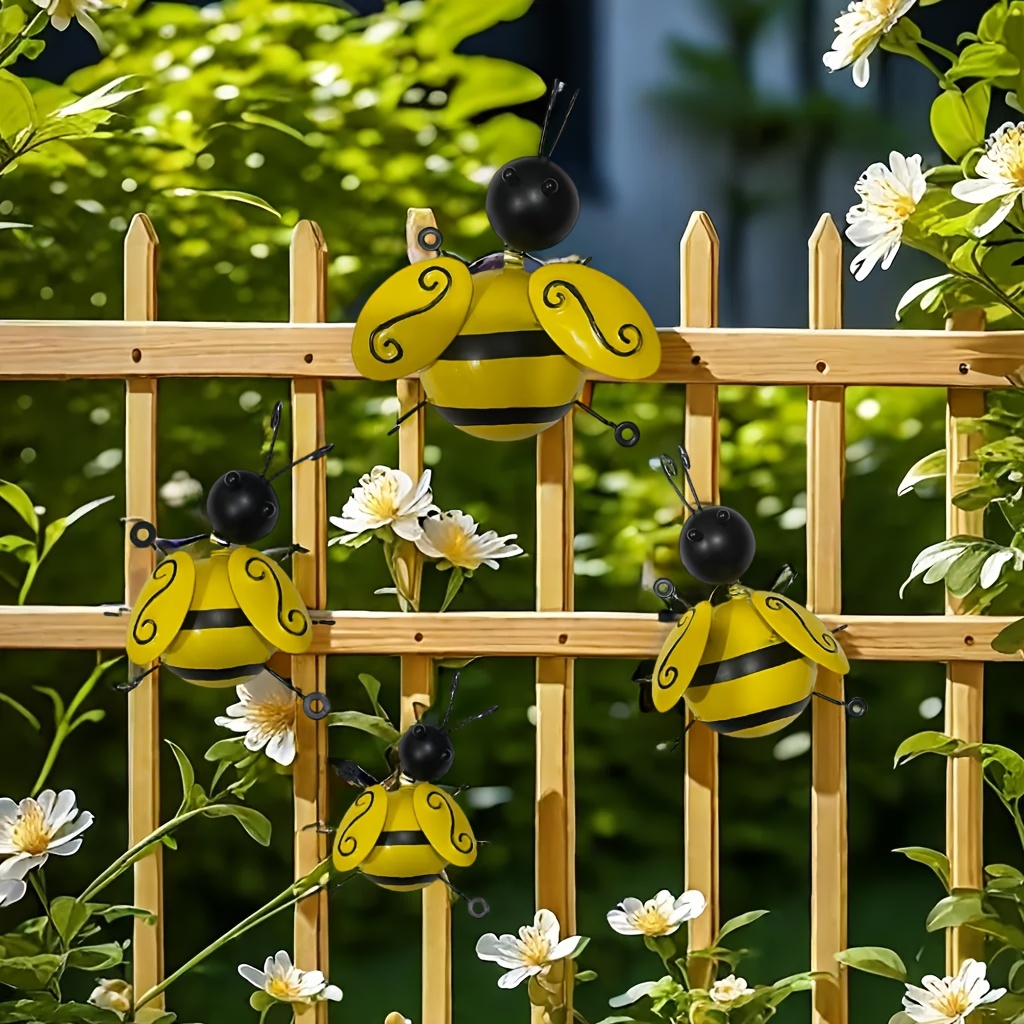 4ks Cute Metal Bee Outdoor Decoration - Semi 3d Bee Outdoor Wall Hanging Art - Family Bee Decoration Garden, Courtyard, Fence, Terrace