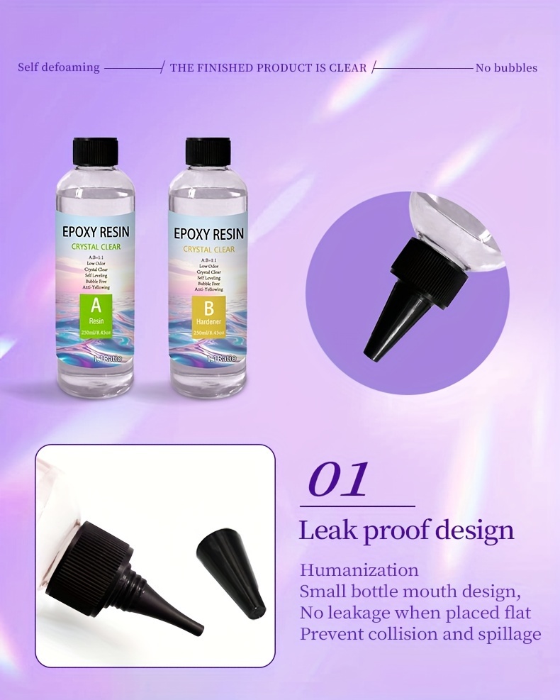 Това е кристален епоксиден AB адхезив, предлагащ се в размери 230ml/7.6oz и 500ml/16.9oz, с пропорция на смесване 1:1. Устойчивостта се осигурява за 12-24 часа, включва бързо отстраняване на въздух за проекти, подходящ е за риноски маси, устойчив е на пожълтяване.