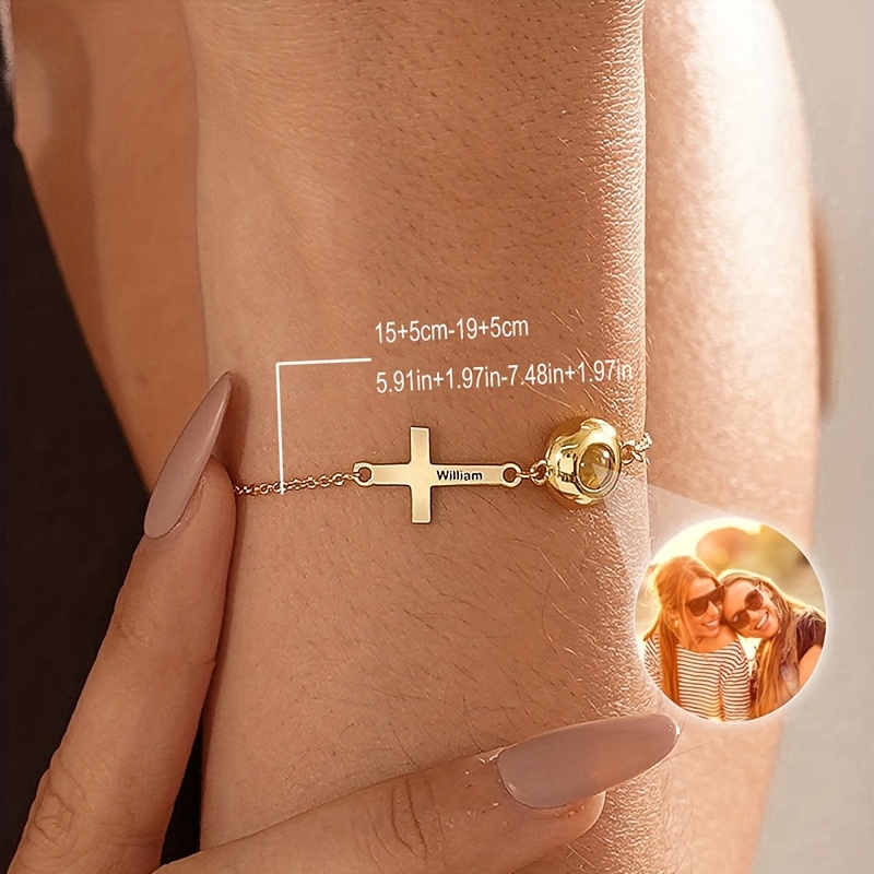 Women's Custom Photo Stainless Steel Engraved Cross Projection Bracelet