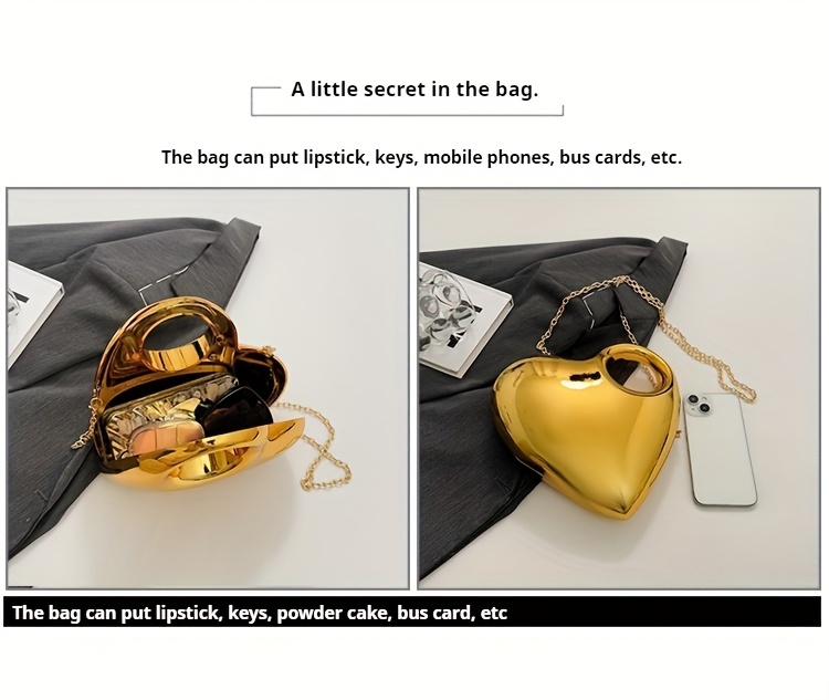 Women's handbag, evening bag. Fashionable evening, wedding, music festival, date, party makeup bag, mobile phone bag. Multi-purpose shiny heart-shaped mini handheld formal dress bag. Commuter chain shoulder bag. New spring and summer crossbody bag.