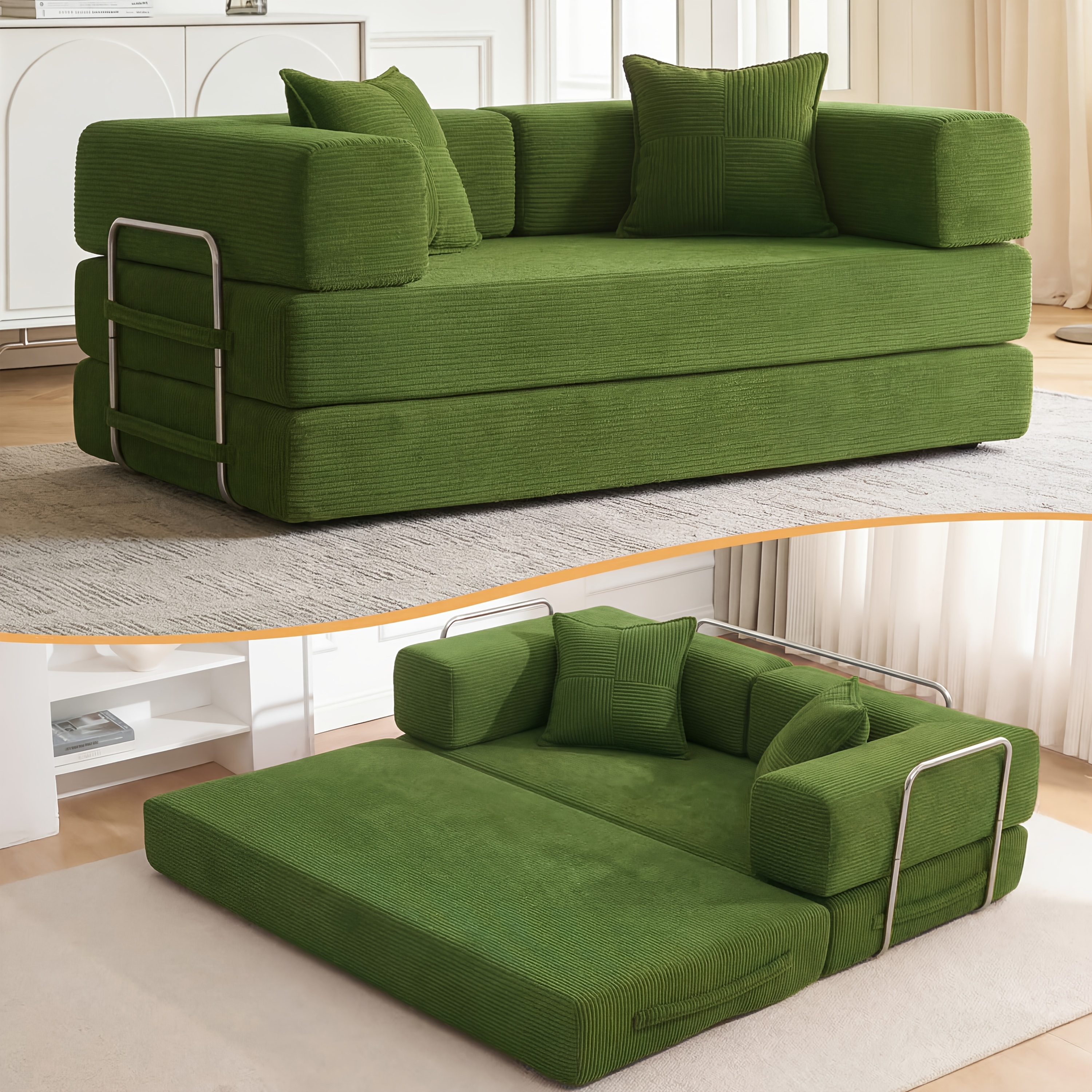Canapé-lit convertible 5-en-1 pour adultes, canapé pliant 3 places en velours côtelé, salon de sol avec coussins, lit compact pour appartement, maison, bureau, dortoir, vert, gris, orange, blanc