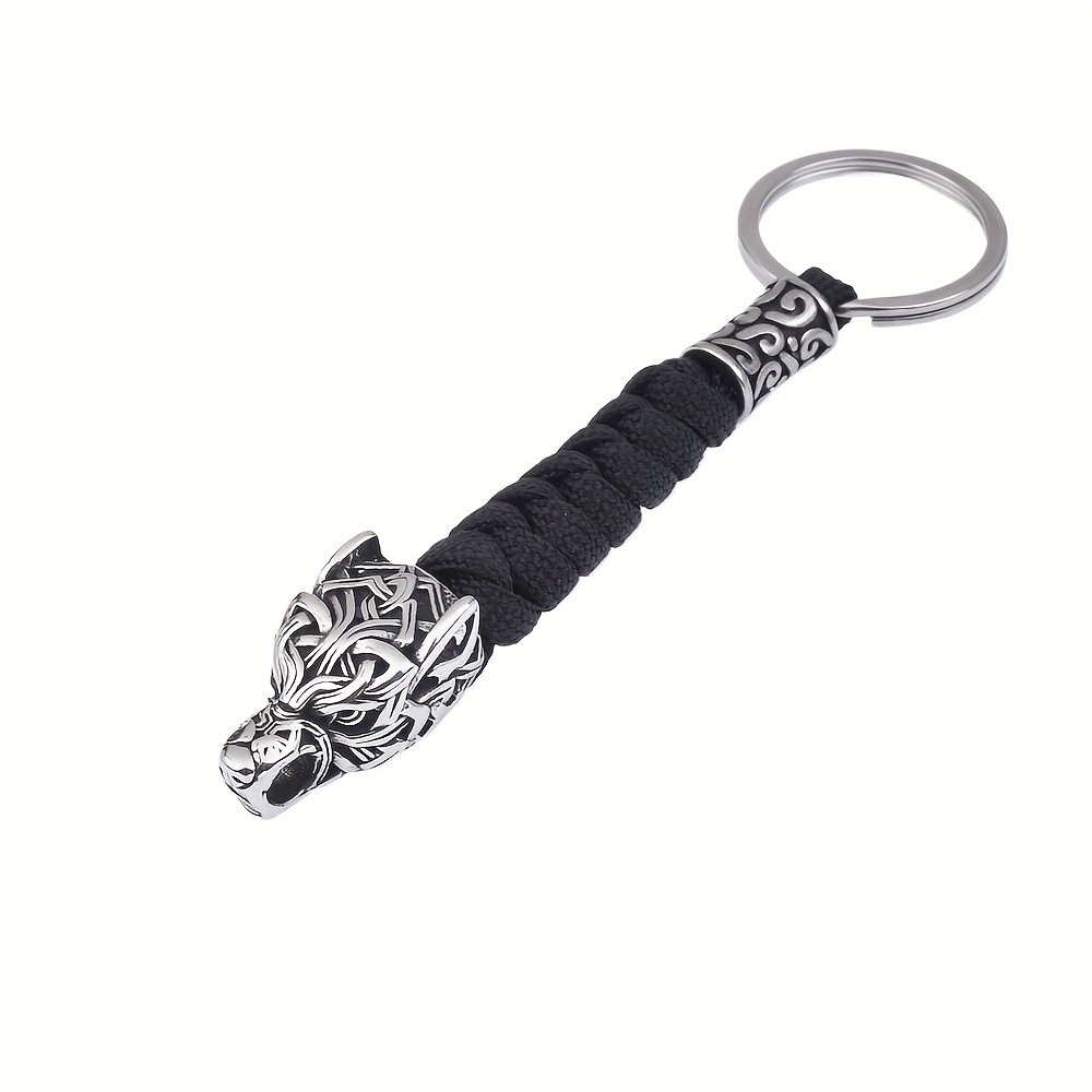 E-shop Herren Edelstahl Wikinger-Wolfkopf Schlüsselanhänger mit Outdoor Survival Paracord Geflochtenem Schlüsselring