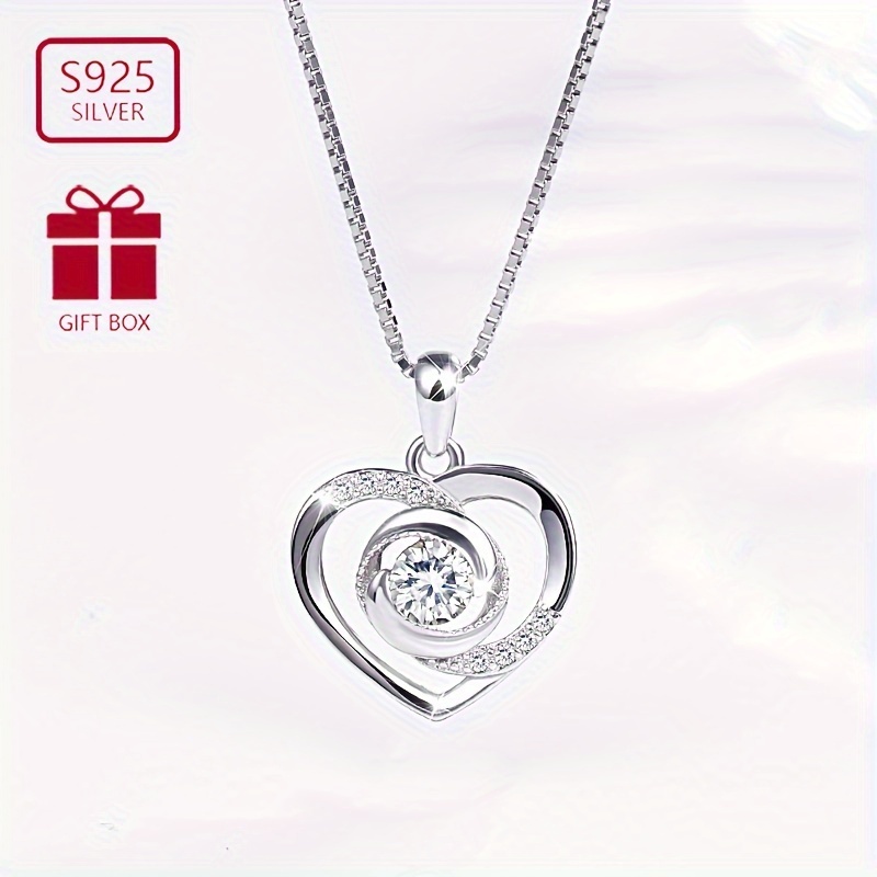 

1pcs925 Pure Silvery Glittering Zirconia Heart Necklace For Wife, Girlfriend And Girl Valentine's Day Gift Low Allergy . 3.62g