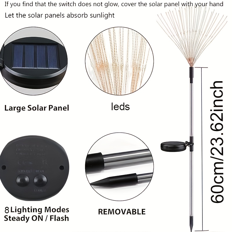 FACHOI 60/200 LED Solar de Exterior con Sensor y Regulable, Fuegos Artificiales Blanco Cálido, Adecuado para Iluminación de Jardín, Patio, Césped, Terraza, Camino, Fácil Instalación, 8 Modos, para Decoración de Villa