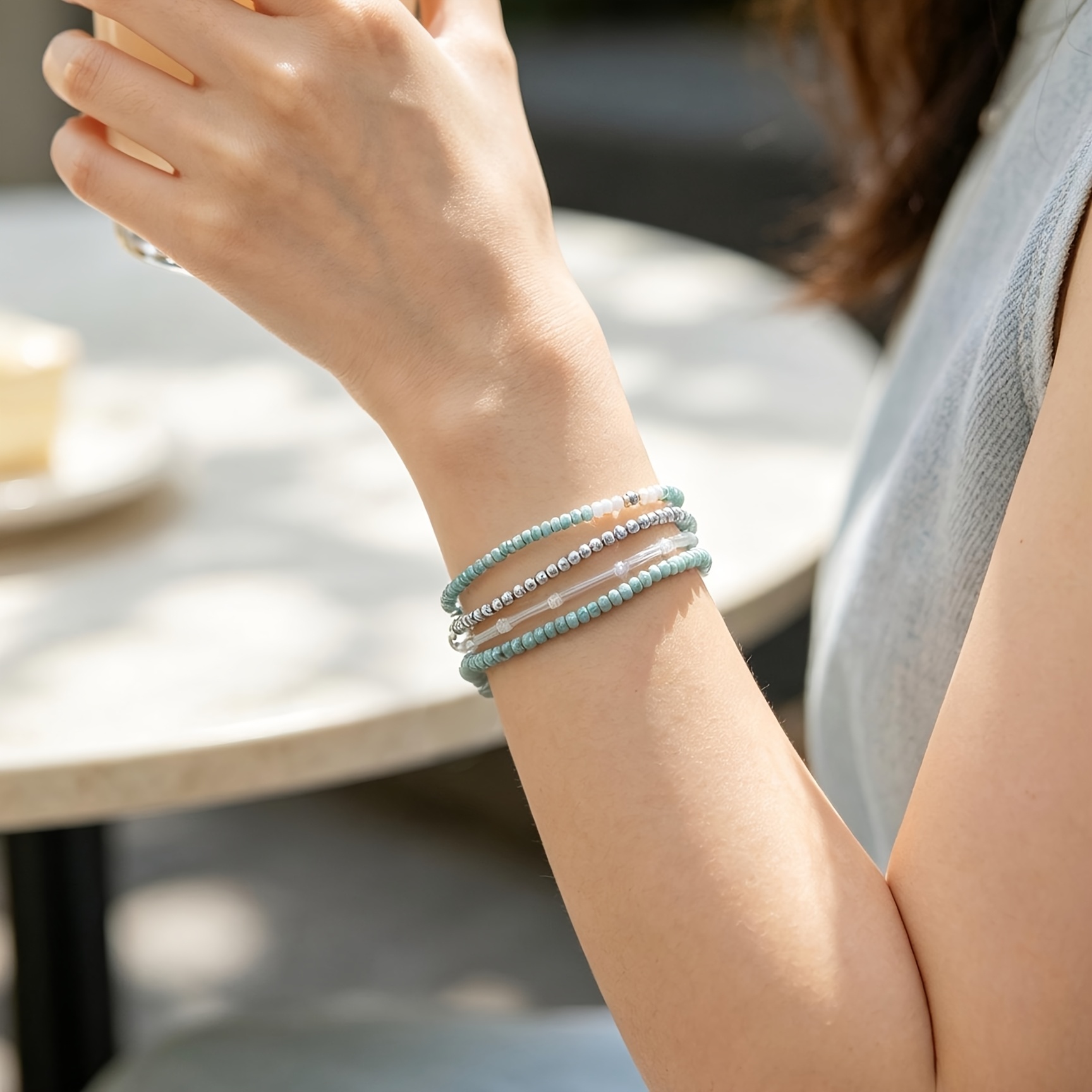 4pc Light Teal Blue Beaded Bracelet Set for Women