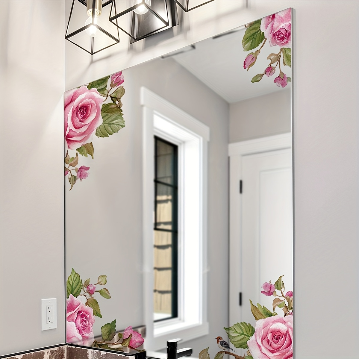 1pc High-end Bohemian Style Pink Rose Glass Mirror Sticker, Suitable For Bathroom, Dressing Table, Glass Door And Window Decoration