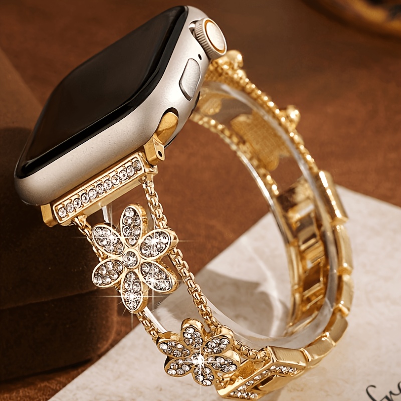 TEMU Bracelet de montre en métal doré pour femme/fille avec marguerites cloutées de strass, compatible avec bracelet Apple Watch séries 11 10 6 5 4 3