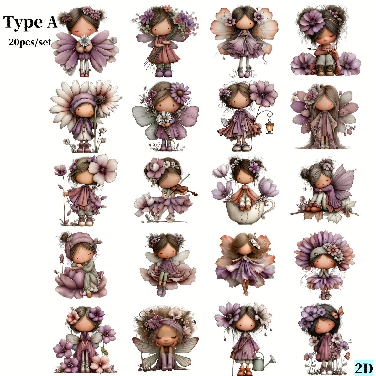 20pcs/set Creative Handmade Retro Flower Elf High Quality Stickers Suitable For Garbage Diary Notebook Decoration Manual Account Diy Stickers 2d Flat, 2d Flat