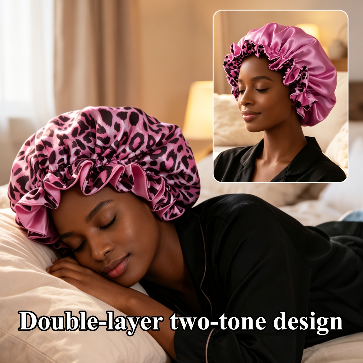 TEMU 1pc Satin Double-layer Bonnet With Leopard Print, Satin Sleep Cap, Hair Care Cap, Beauty And Makeup Cap, Ideal For Nighttime Use, Protection For