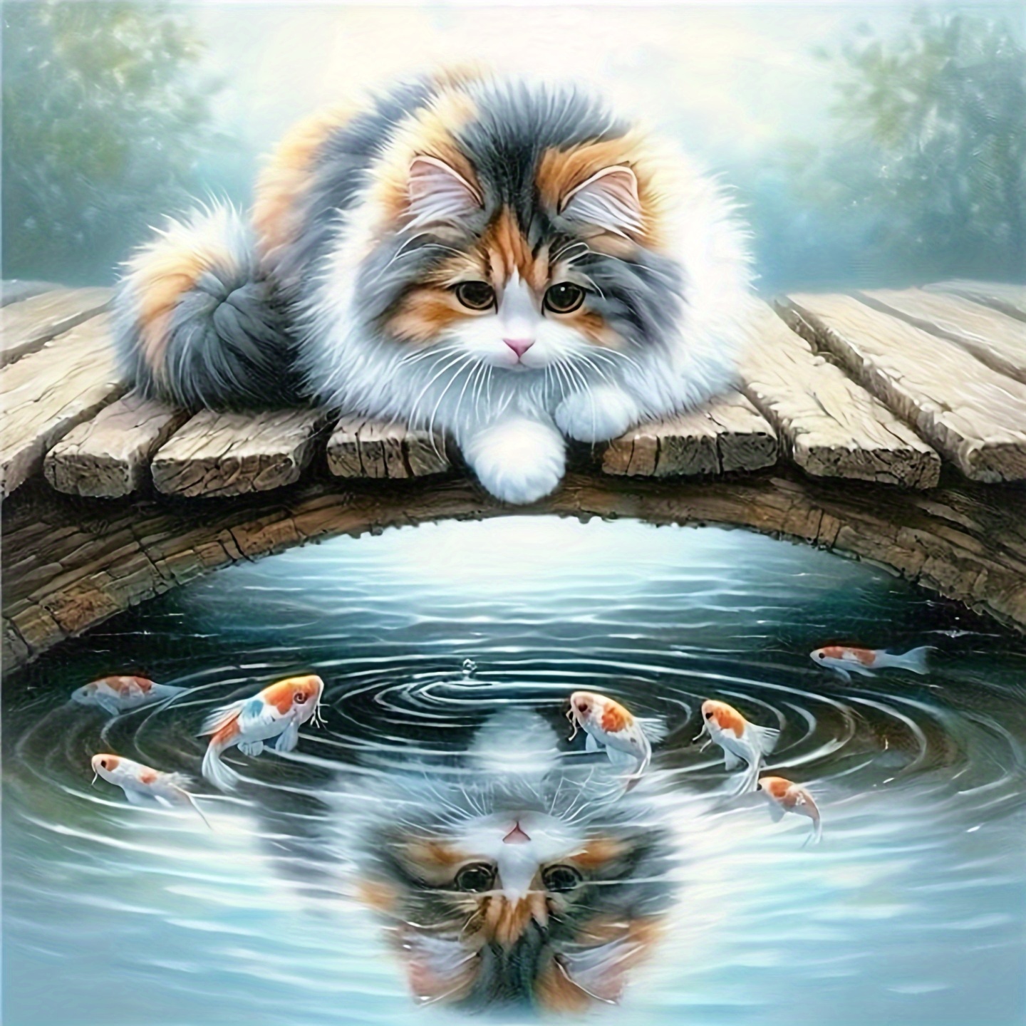 

5d Diamond Painting Kit For Adults, Fluffy Cat And Koi Fish Embroidery Set, Diy Diamond Art, Decor Canvas Craft, Round Diamond Beads - 1pc Without Frame