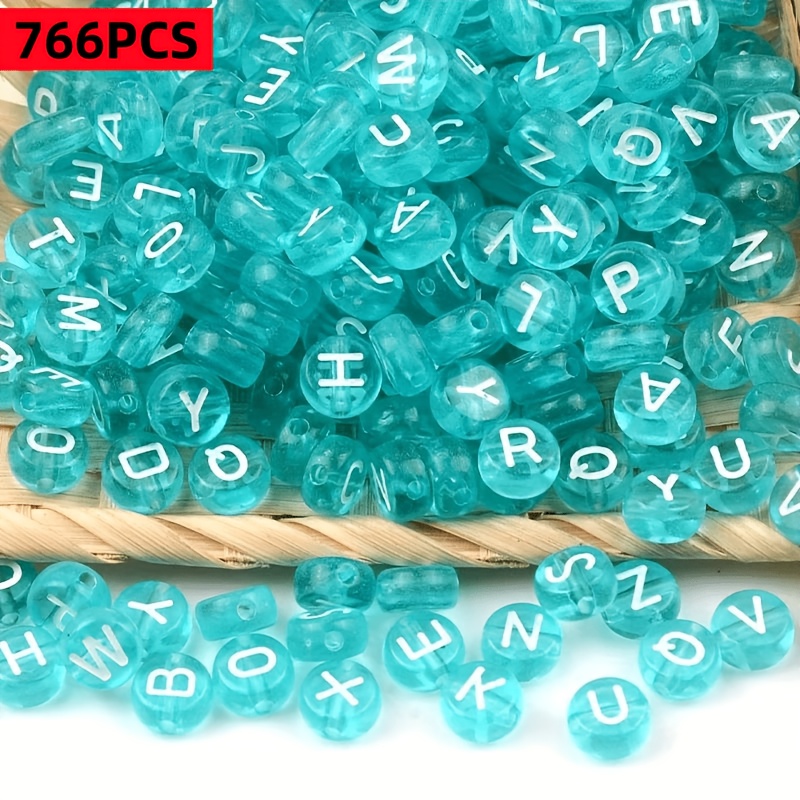 TEMU 766 pièces de perles acryliques transparentes bleu de 7 mm avec lettres mélangées, fournitures pour la fabrication de bijoux DIY, perles