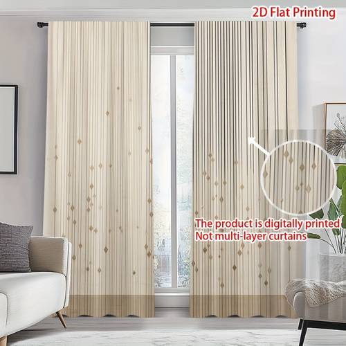2pcs elegant beige curtains with vertical stripes geometric accents semi transparent washable rod living room bedroom decor curtains living room