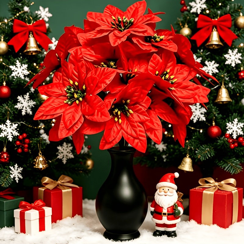 TEMU 16pcs Artificial Poinsettia Flowers, Floral Ornaments, Suitable For Christmas Home Decor, Table Centerpiece, Wedding Decoration, Christmas Tree,