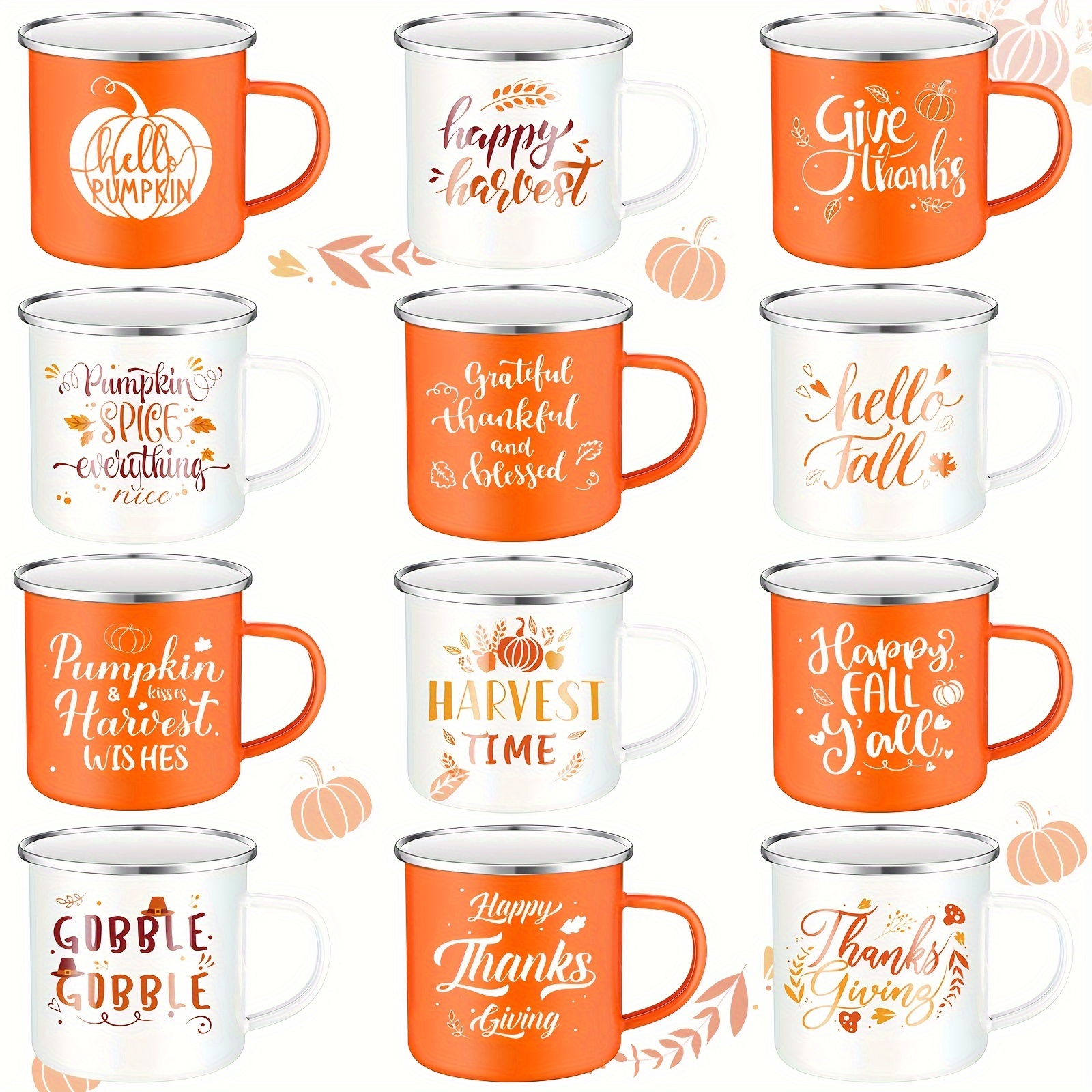 

12 Pcs Fall Coffee Mugs Thanksgiving Enamel Mug Pumpkin Autumn Cup Hello Fall Give Thanks Sign 12 Oz Camping Tea Orange White Mug Decor For Thanksgiving Halloween Party (pumpkin)