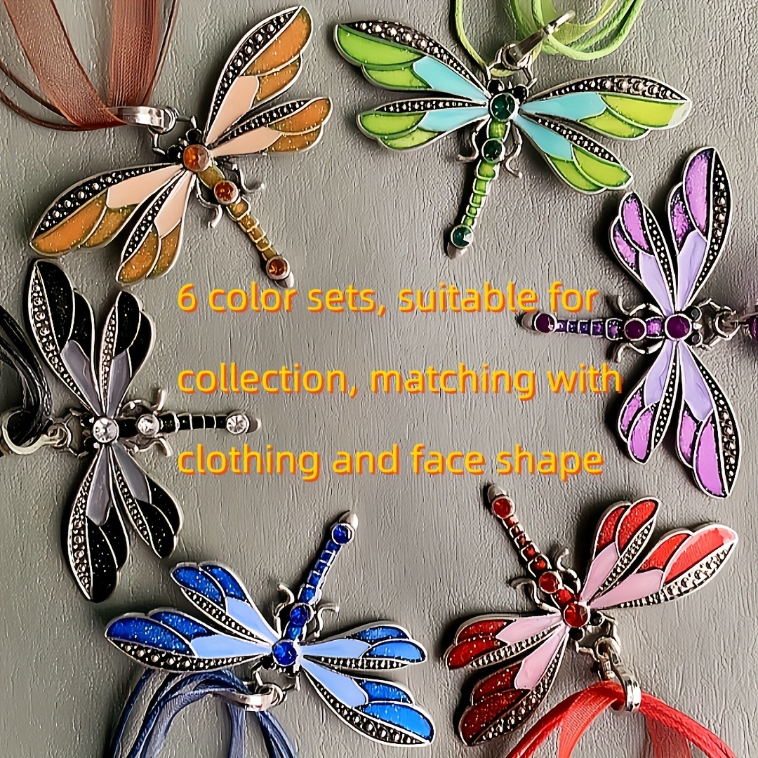 E-shop 1 Stück/6 Stück Libellen Funkelndes Rosa Anhänger Halskette Mehrfarbig Set Vintage Schmuck Bohemian Pullover Kette Accessoires Weihnachten