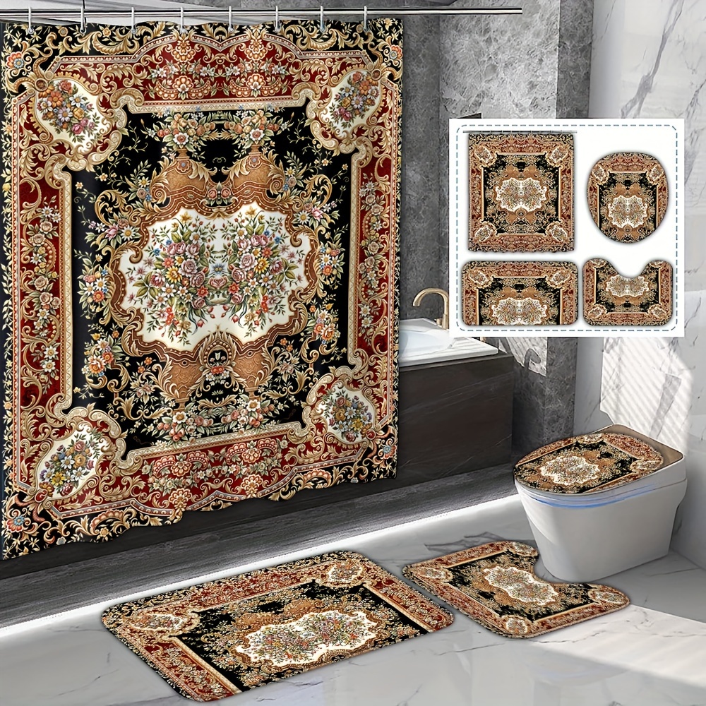 

1/4pcs Persian Style Flower Shower Curtain, Polyester Waterproof Curtain With 12 Hooks, Landscape Pattern Printed Bathroom Decoration, Bath Mat, U-shaped Pad, Toilet Seat Cover, Bathroom Accessories
