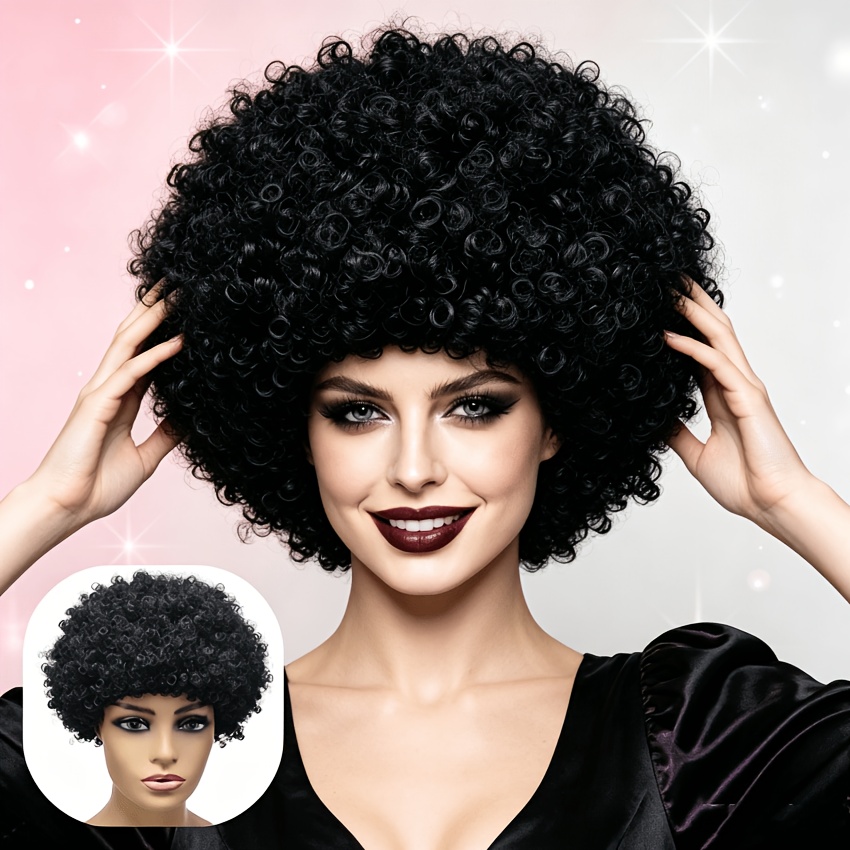 TEMU Perruque synthétique noire afro bouclée et moelleuse, perruque de costume de cosplay unisexe, perruque résistante à la chaleur pour Halloween,