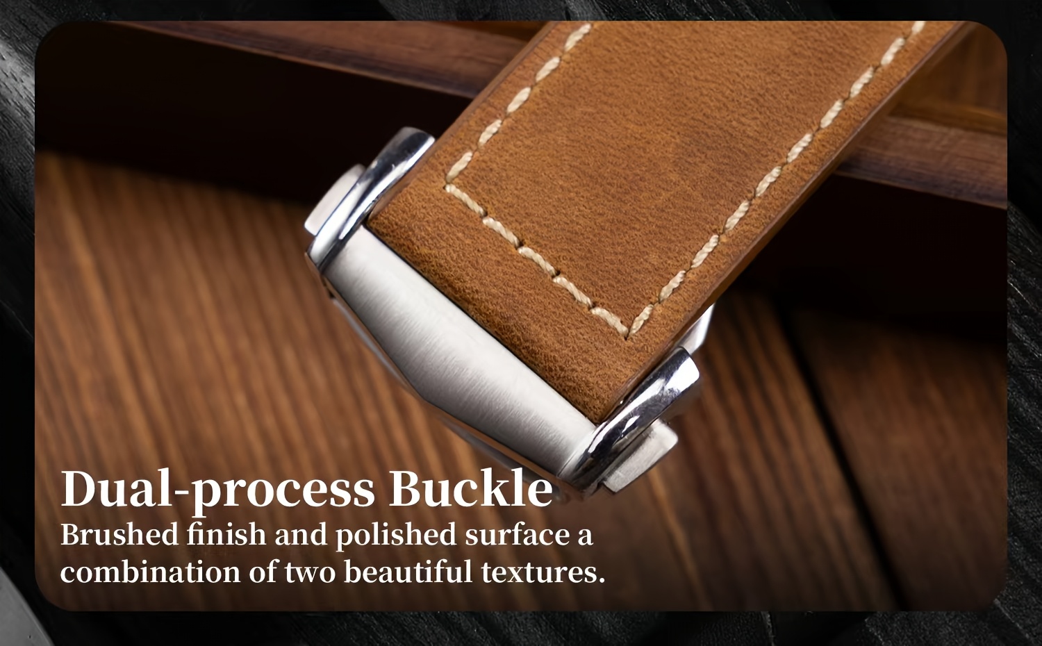 Handmade Wild Horse from Cowhide Is Suitable for iWatch S11/ Ultra3. It Features a Stainless Steel Folding Buckle and a 316L Stainless Steel Connector with Golden Studs.