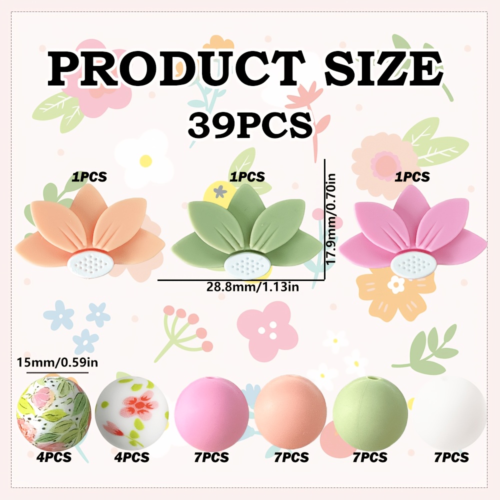 TEMU 39pcs Silicone Beads Three-color For Lotus Flower , Pink, And Orange, Silicone Molded Loose Beads With Floral Print, Colorful Round Beads,