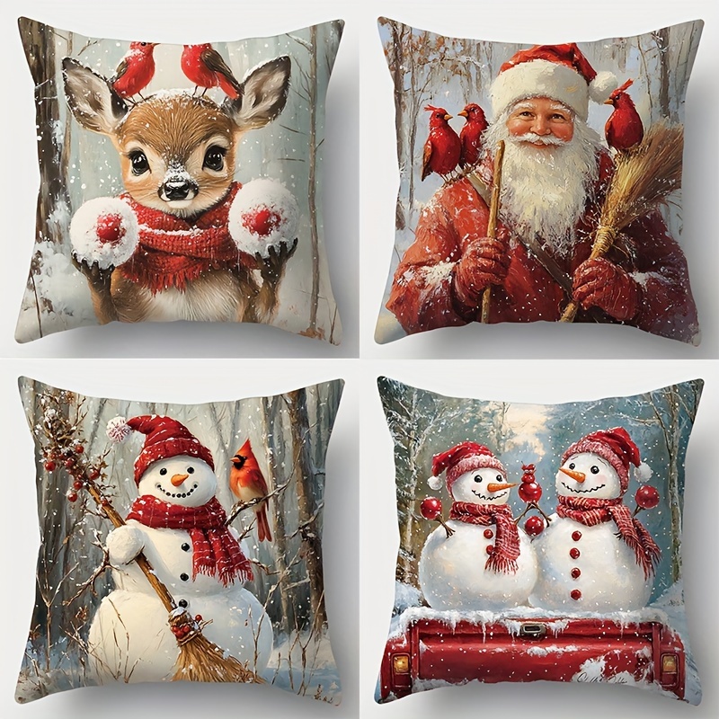 

4pcs Set Christmas - Snowman, & , 17.7" Cushion For Sofa Decor, Zippered, ( Inserts Not Included)