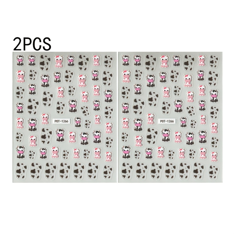 2pcs Cute Cartoon Cow 5d Embossed Nail Art Stickers - Self-adhesive, Shimmer For Chic Manicure Decor, Theme, Irregular Shape