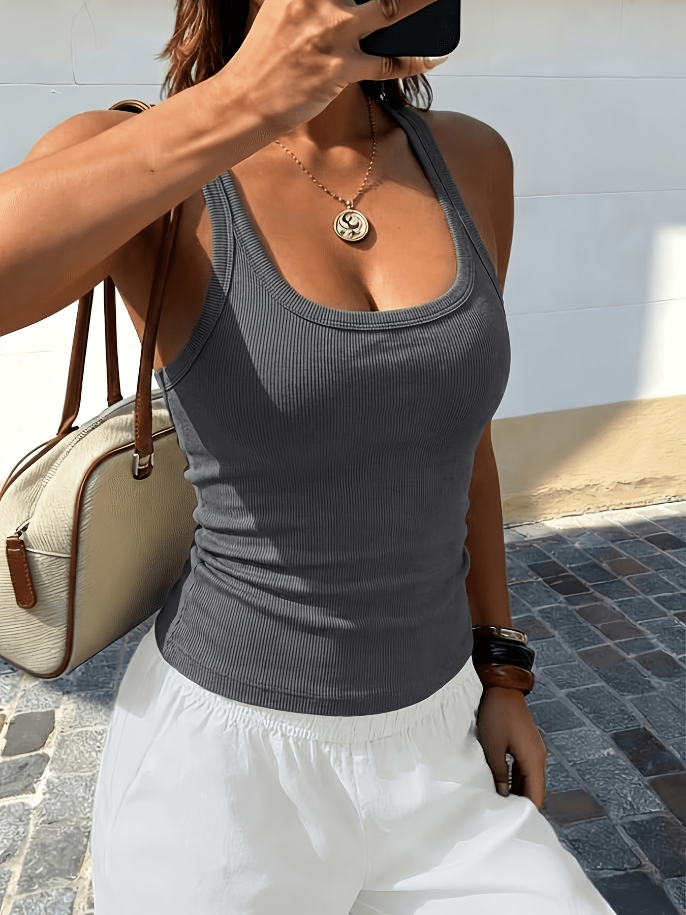 1 stück modisches, schönes damen-trägerwesten-set, einfarbiges, geripptes, ärmelloses damenoberteil, sportliches, figurbetontes innen- und außenzubehör, t-shirt, neuer stil, basis-shirt für frühling, sommer, herbst und winter