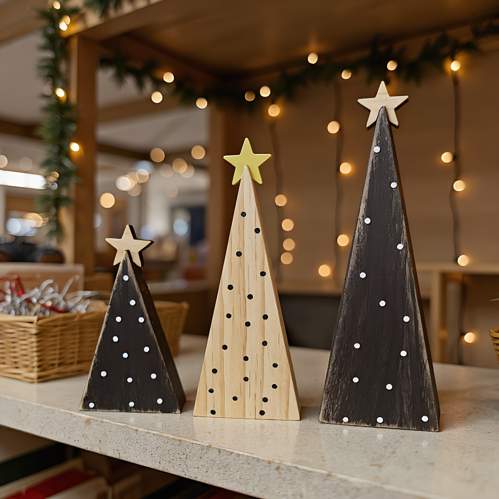 Image of Polka Dot Wooden Christmas Tree Set (3pcs) - Rustic Farmhouse And Woodland Decor | Shelf, Windowsill And Tabletop Accents | Cozy Holiday Gift