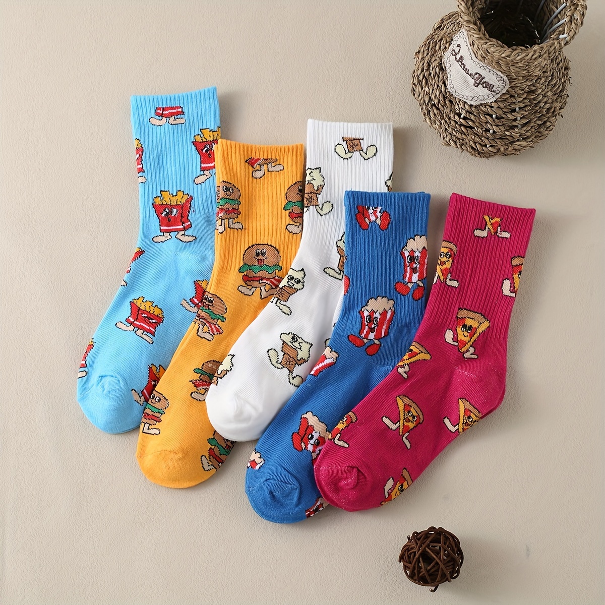 

5 Pairs Cartoon Hamburg Socks, Stylish & Novelty Mid Tube Socks, Women's Stockings & Hosiery