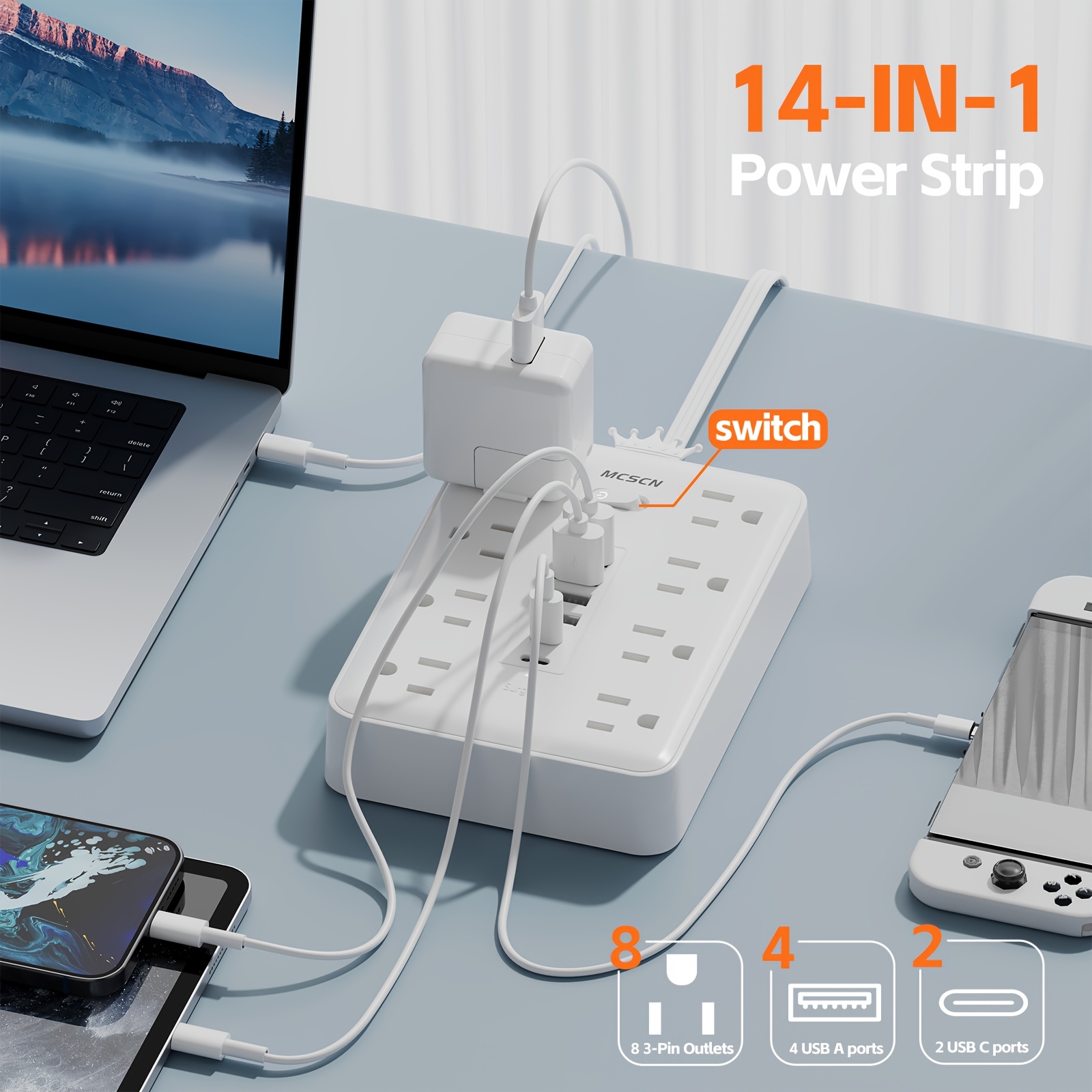 TEMU Upgrade! Flat Plug Protector Power Strip With 8 Ac Outlets + 6 Usb Ports (2 Usb-c) | Fast Charging Station For Home Office Desk, Dorm Room,