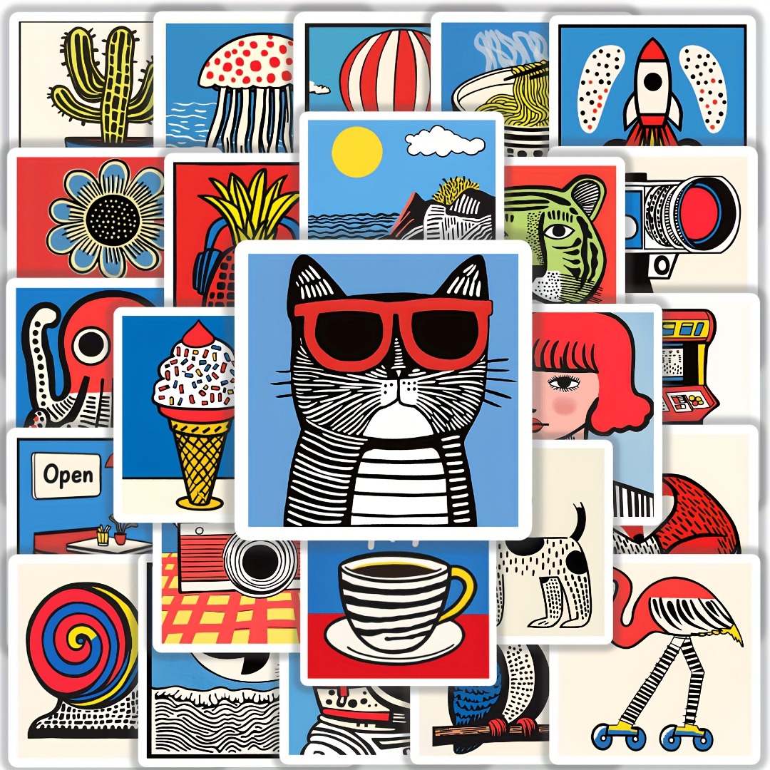 25pcs Pop Art Sticker Pack Creative Bauhaus Style Journal Diary Decorative Cat Cream Rocket Hot Air Octopus Collection